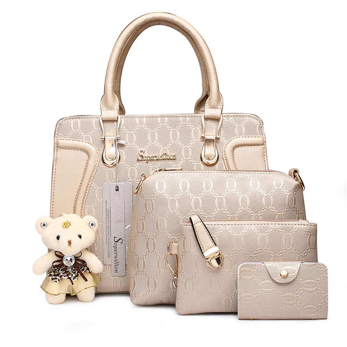 Soperwillton Handbag for Women PU Leather Shoulder Bags Tote Satchel 4pcs Purse Set (Silver)