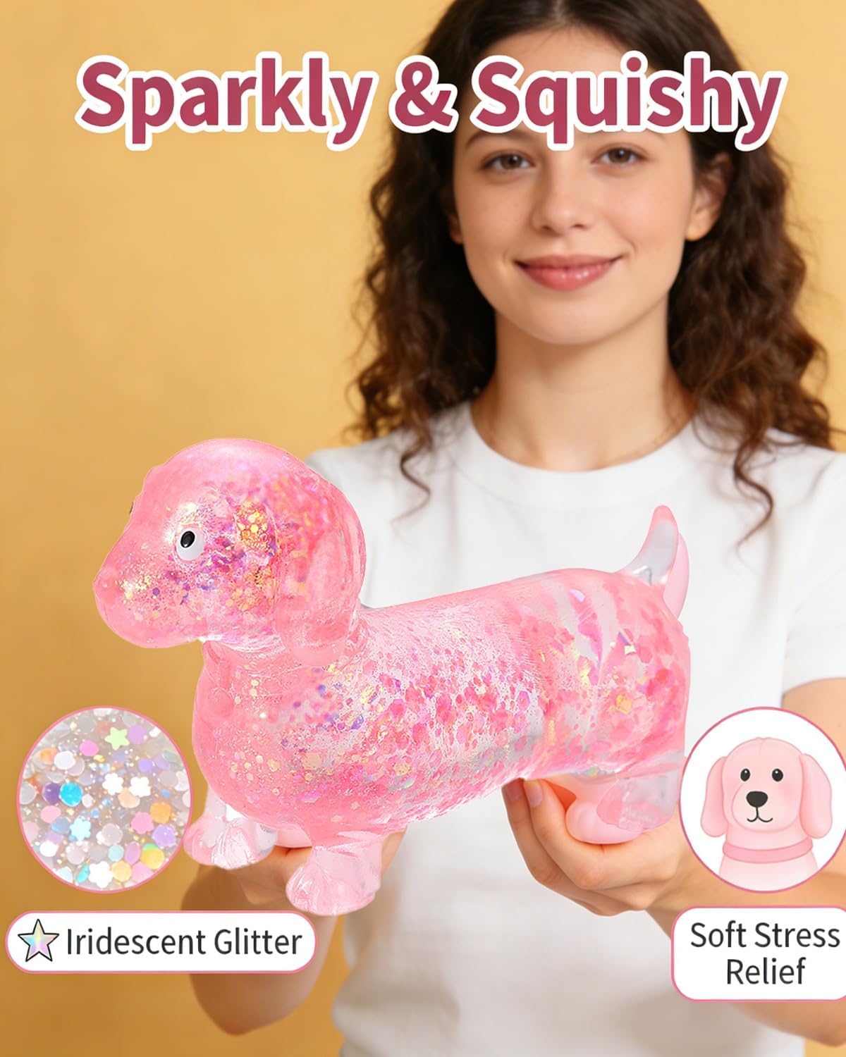 2PCS Dachshund Squishy, Sparkly Sausage Dog Squishy Cute Mini Squishys Weiner Dog Gel Stretch Ball with Face for Adults Ultra-Soft Touch Slow Rising Stress-Relieving