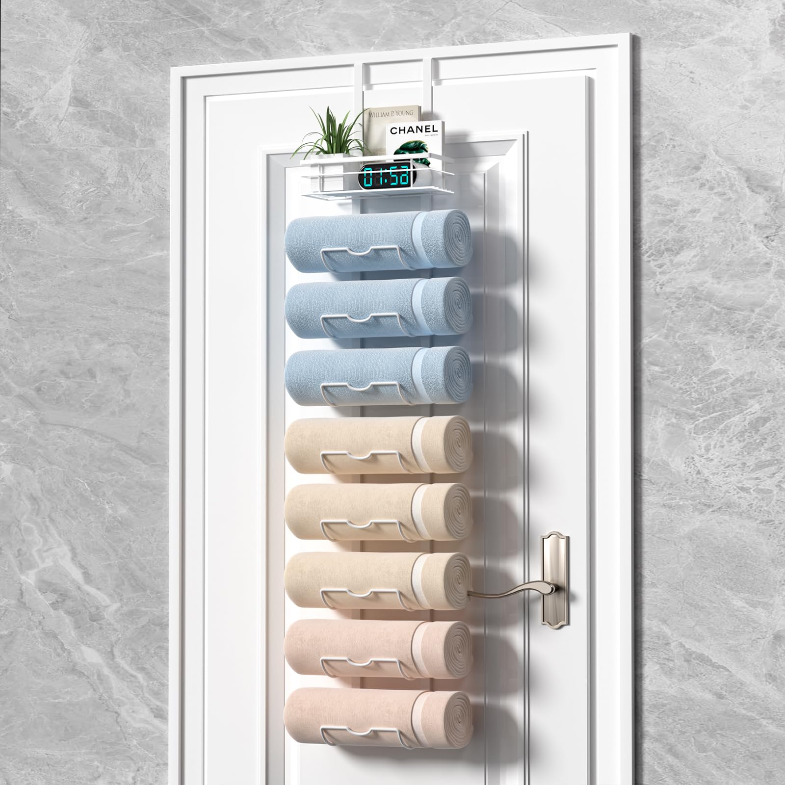 Xstydes 9-Tier Over The Door Towel Rack,Towel Racks for Bathroom, Metal Towel Holder with Storage Basket,Towel Rack for Rolled Towels,Bathroom Shelves,White