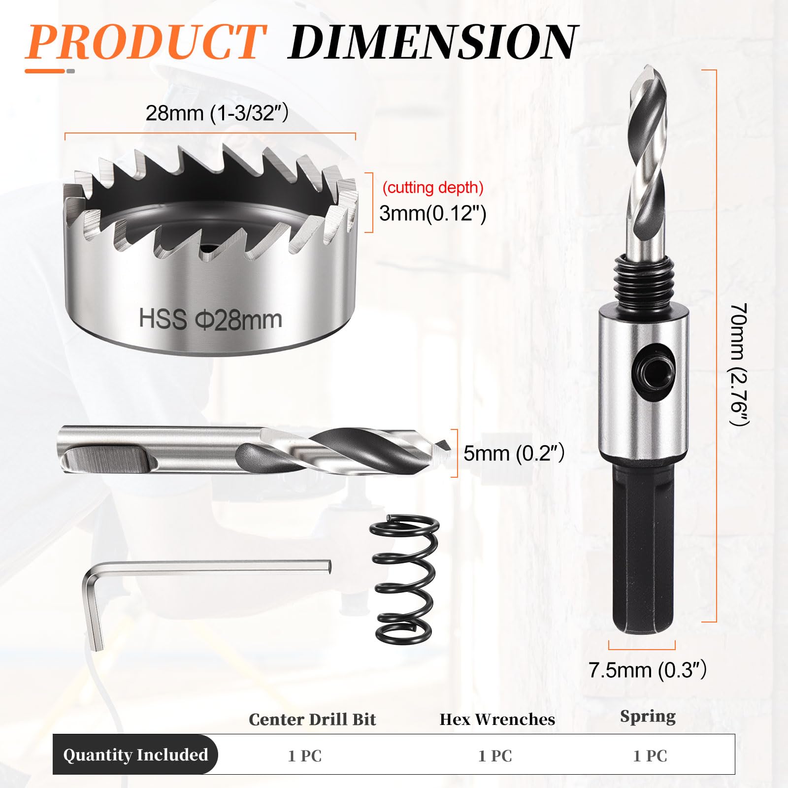 METALLIXITY Hole Saw 28mm (1-3/32"), 4341 High Speed Steel Hole Cutter with Center Drill Bit, Hex Key and Spring - Image 2
