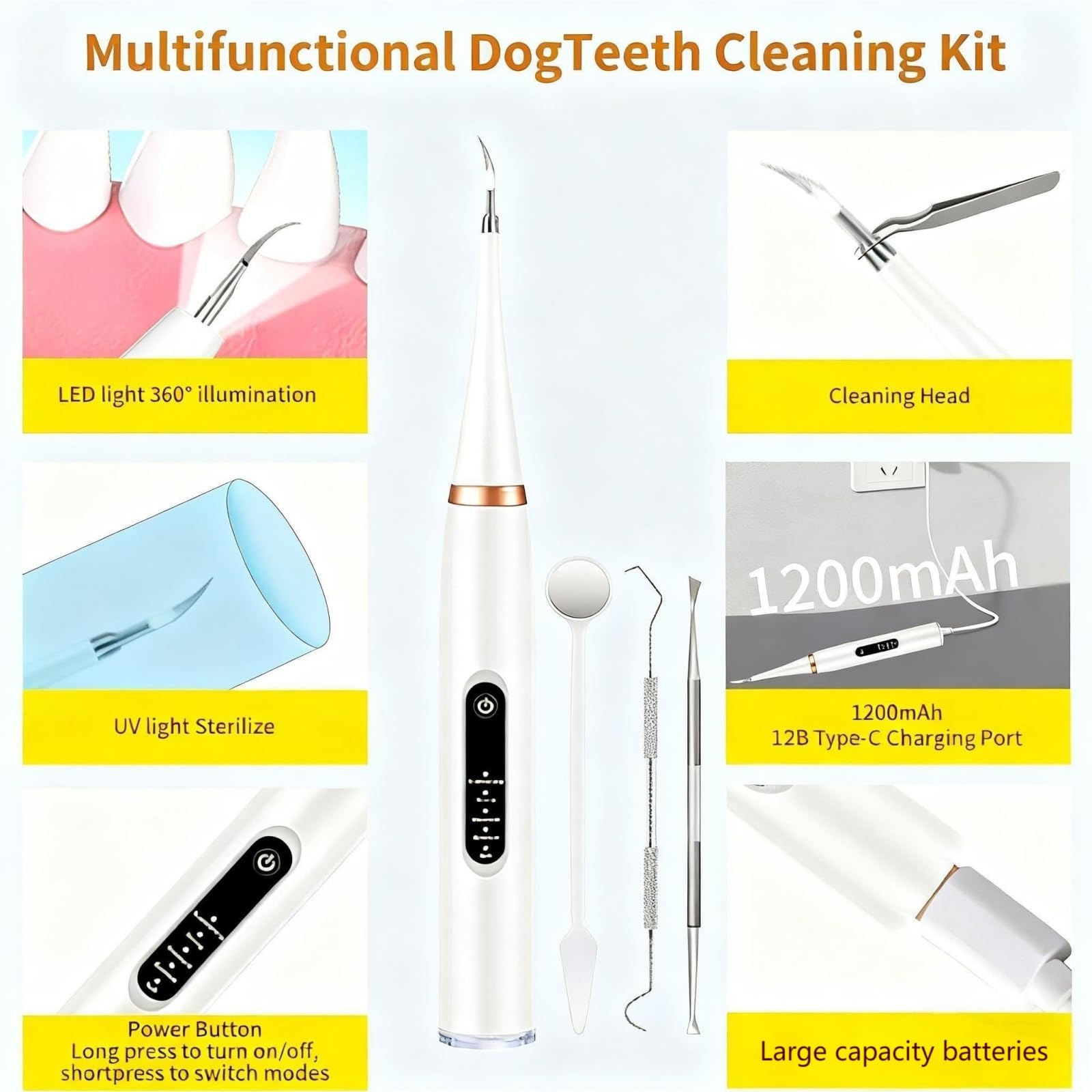 ZampaDent Dispositivo Professionale Per La Pulizia Dentale Del Cane-Kit Pulizia Denti Per Cani E Gatti, 5 Modalità Di Pulizia, Ricarica USB, Rimozione Tartaro E Macchie (Bianco,B)