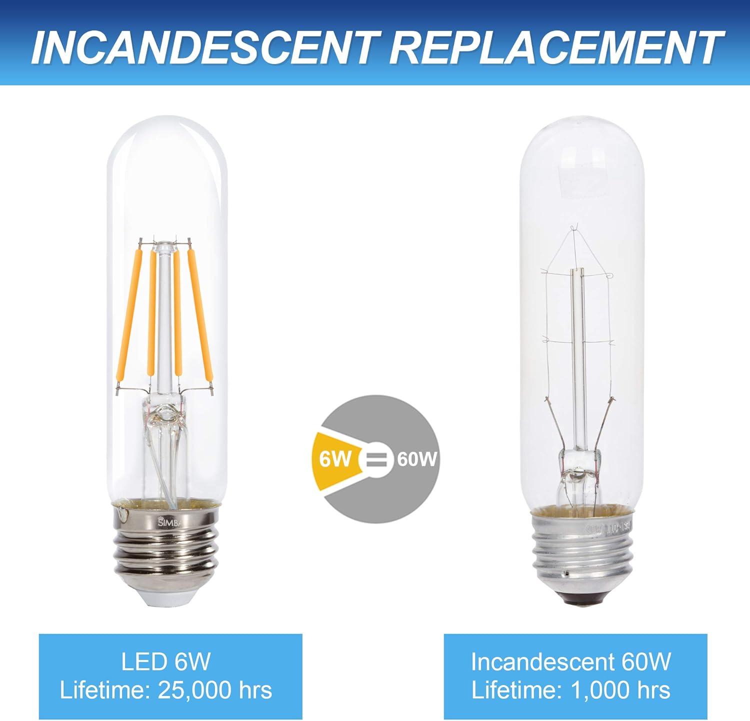Simba Lighting LED T10 Tubular Edison Filament Light Bulbs (3 Pack) 6W Dimmable 60W Equivalent 120V for Cabinet Display, Piano Lamps, Clear Glass Decorative, Standard Medium E26 Base, Warm White 2700K