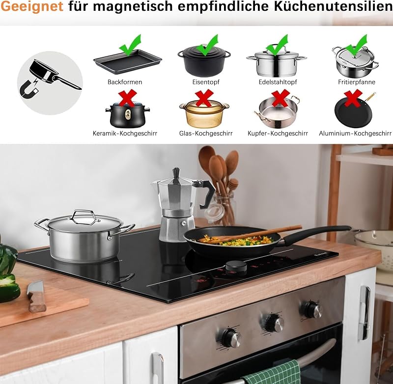 Karinear 60 cm-es Indukciós Főzőlap Dupla Flex Zónával - 4 Főzőmezős, Mágneses Gomb/Érintésvezérlés, Időzítő, Booster Funkcióval, 7200W
