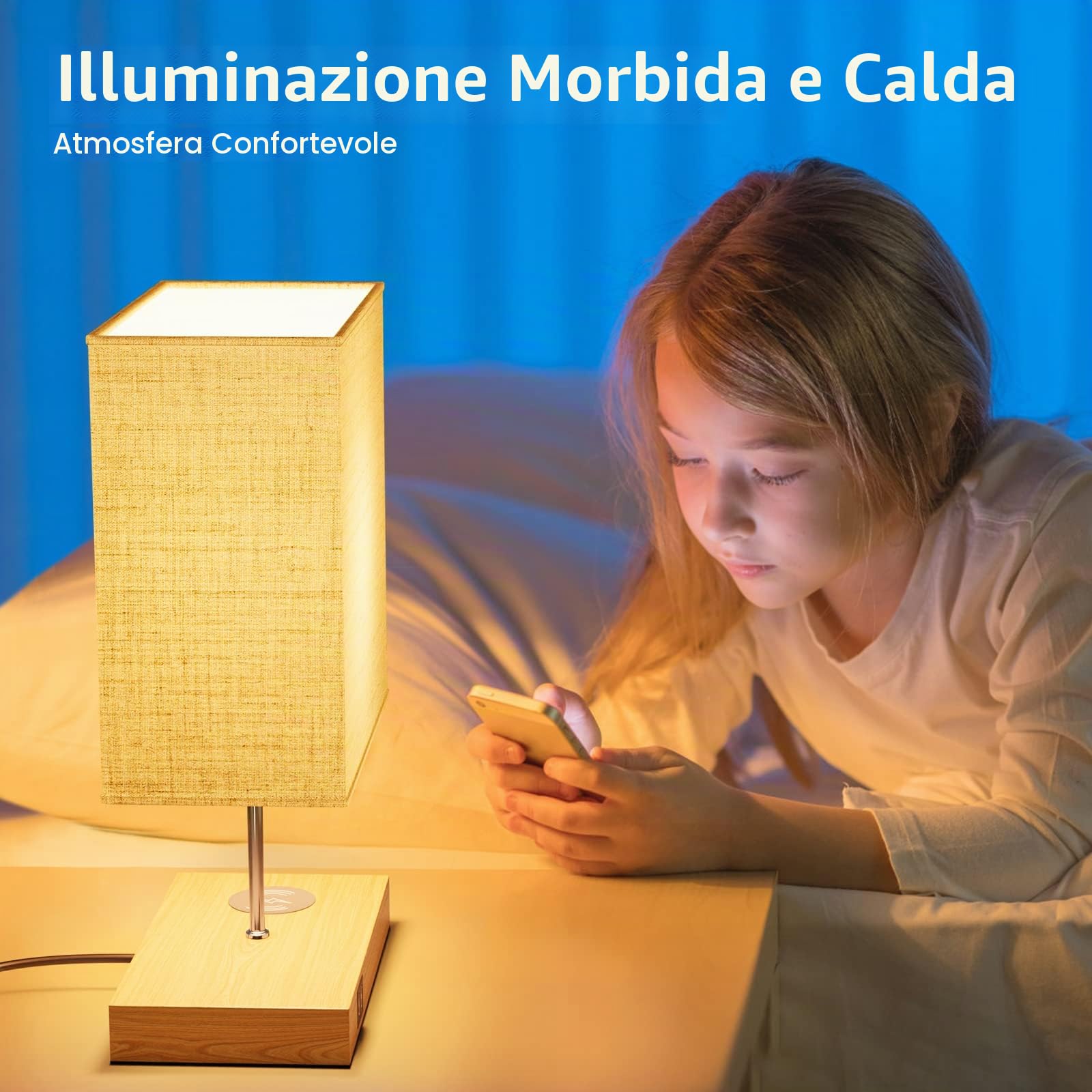 GLUROO Lampada da Comodino con Ricarica Wireless, 2 Porte USB, Controllo Touch abat jour ,Dimmerabile a 3 vie Lampada da Tavolo a LED per Lettura,Soggiorno,Ufficio