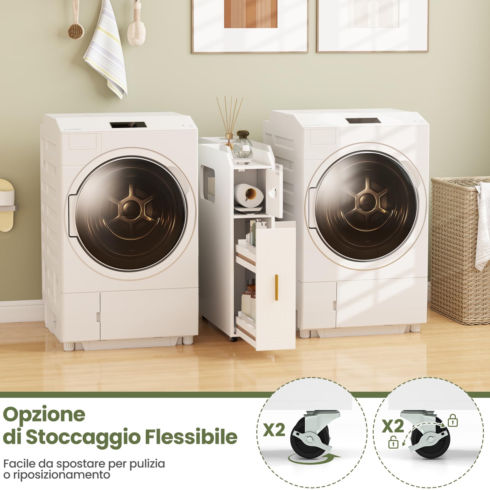 RELAX4LIFE Mobile da Bagno Stretto, Carrellino Salvaspazio con Ruote, Organizzatore Mobiletto Bagno, Porta Carta Igienica, per Spazi Ridotti, 16 x 50 x 69 cm (Bianco)