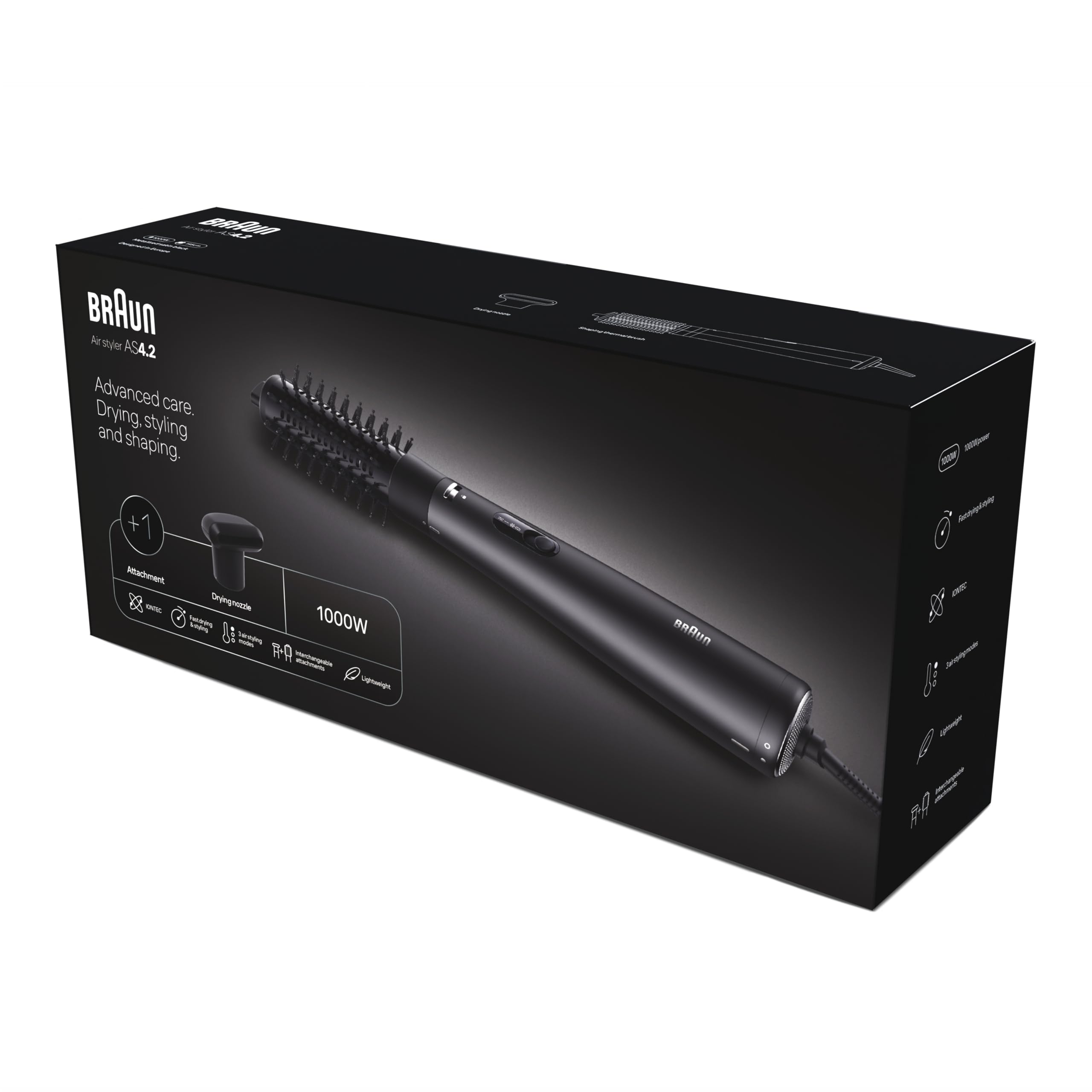 Moldeador de aire Braun AS4.2 – Potente con cepillo térmico redondo para dar forma y volumen y boquilla de secado, motor HTDC, 3 modos de peinado, tecnología IONTEC, negro metalizado– BRAS420E