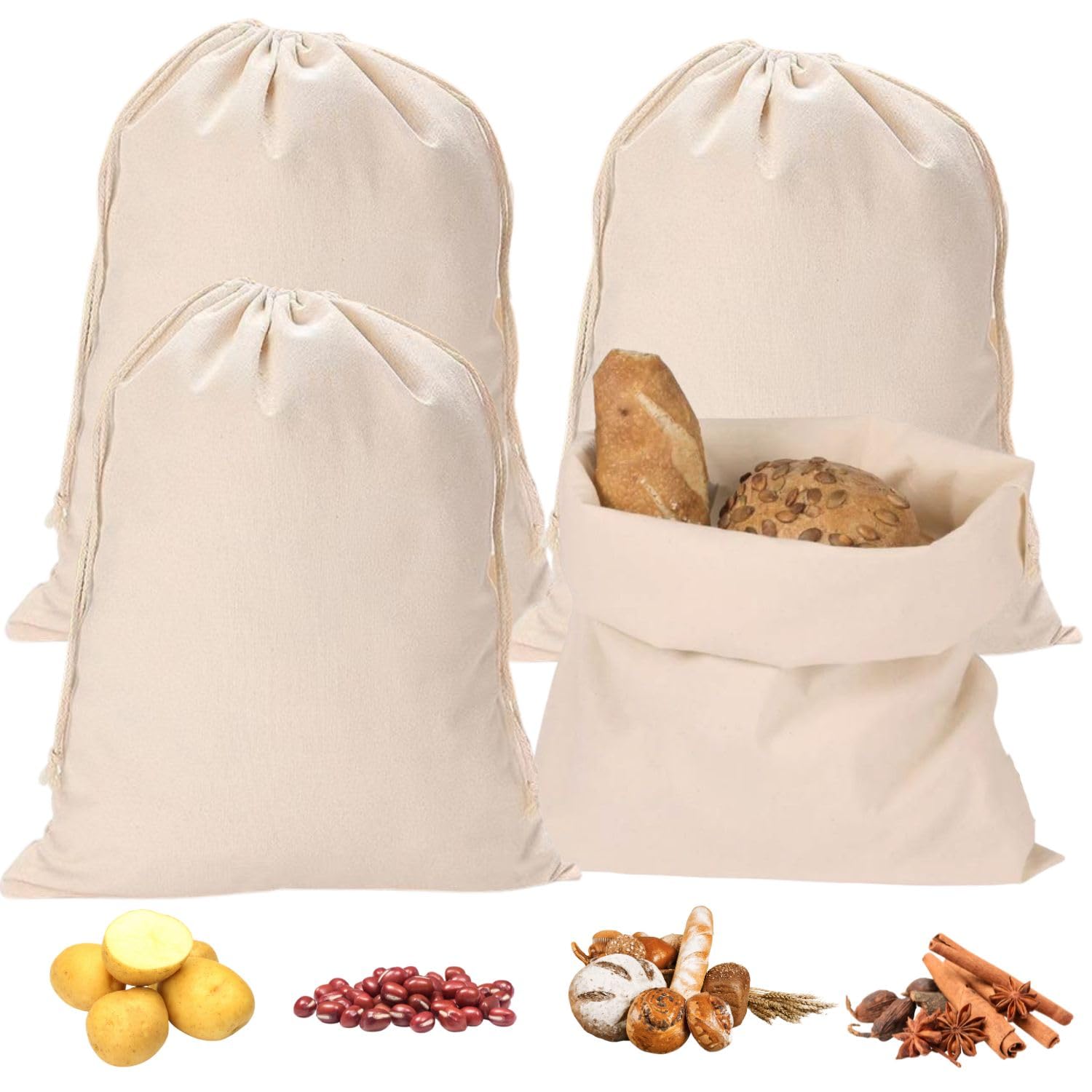 Lot de 4 sacs à pain en lin 30 x 40 cm avec cordon de serrage réutilisables