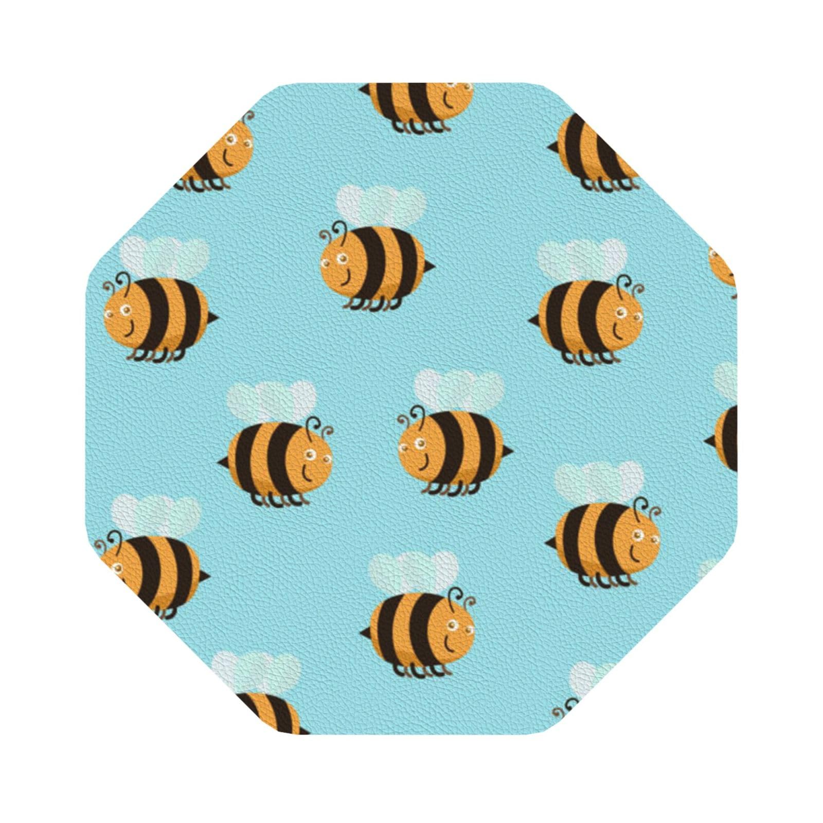 Cartoon Bee Pattern PU Leather Coasters Set of 6 Octagon Drink Coasters