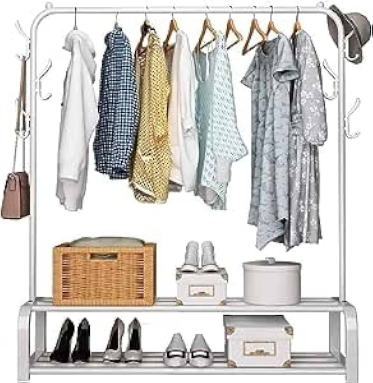 LUKSYOL Clothes Rack - Premium Metal Clothes Hanger Stand with Storage Shelf for Coats, Shoes, and More - Durable and Stylish Organizer for Bedroom and Bathroom Use (White, 2 shelves | 1 Rail)