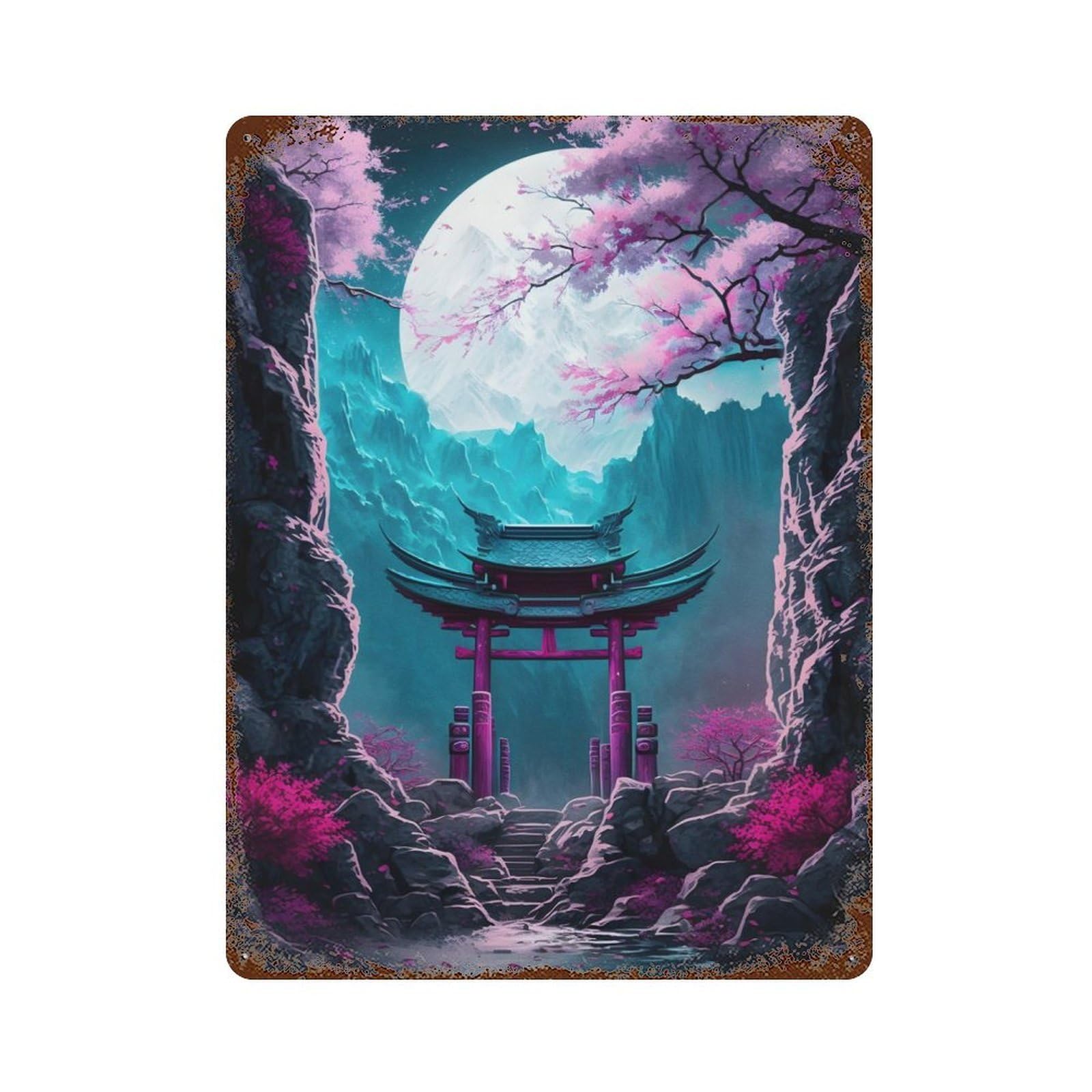 Aged Metal Wall Plaque with Torii Gate Valley at Night Design 15.7"x11.8", for Basement, Hobby Room And Garage Decor, Farmhouse Wall Decor