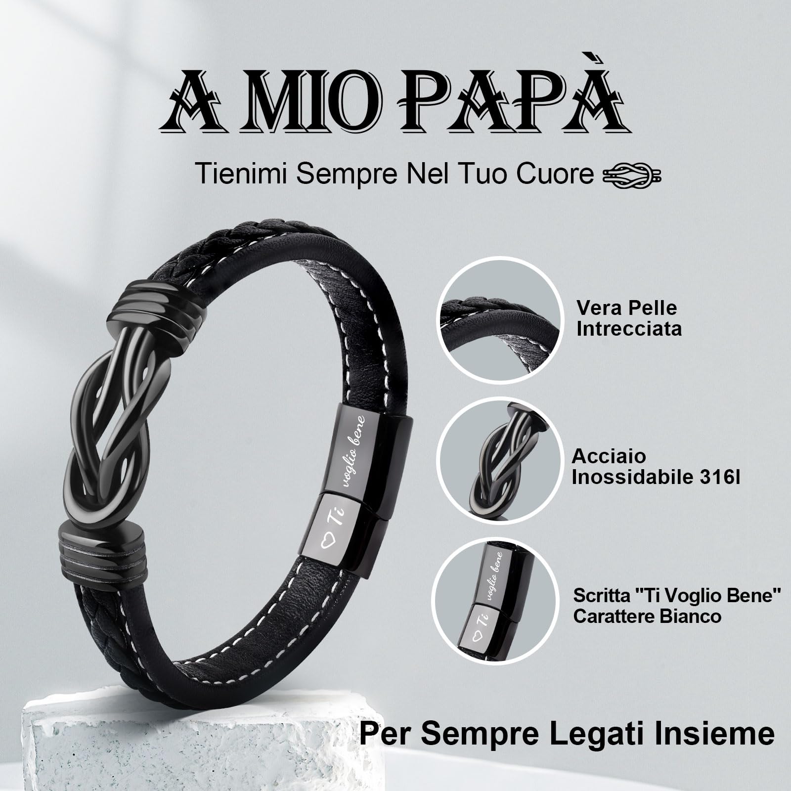 VU100 Regalo per Papà/Figlio/Uomo Bracciale in pelle per Uomo Bracciale Ti Amo Regalo per la Festa del Papà Regalo di compleanno per Figlio Fidanzato Marito Papà-Con Scatola Regalo