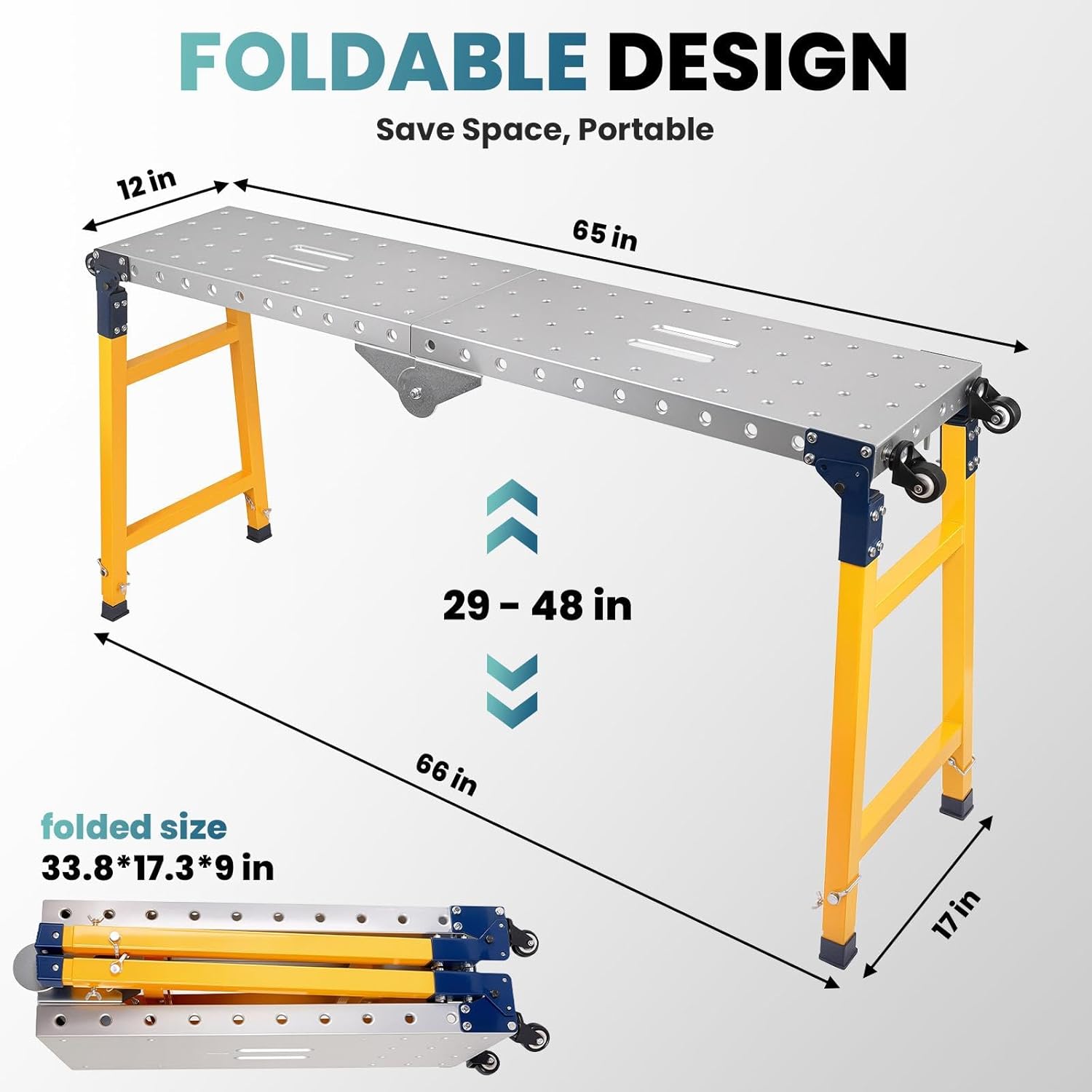 3500 LBS Folding Welding Table, 66" x 17" x 48" Carbon Steel Work Bench 5-Level Adjustable Height with 4 Tool Slots & 0.63" Fixture Holes for Welding, Appliance Repair (3500LBS Carbon Steel)
