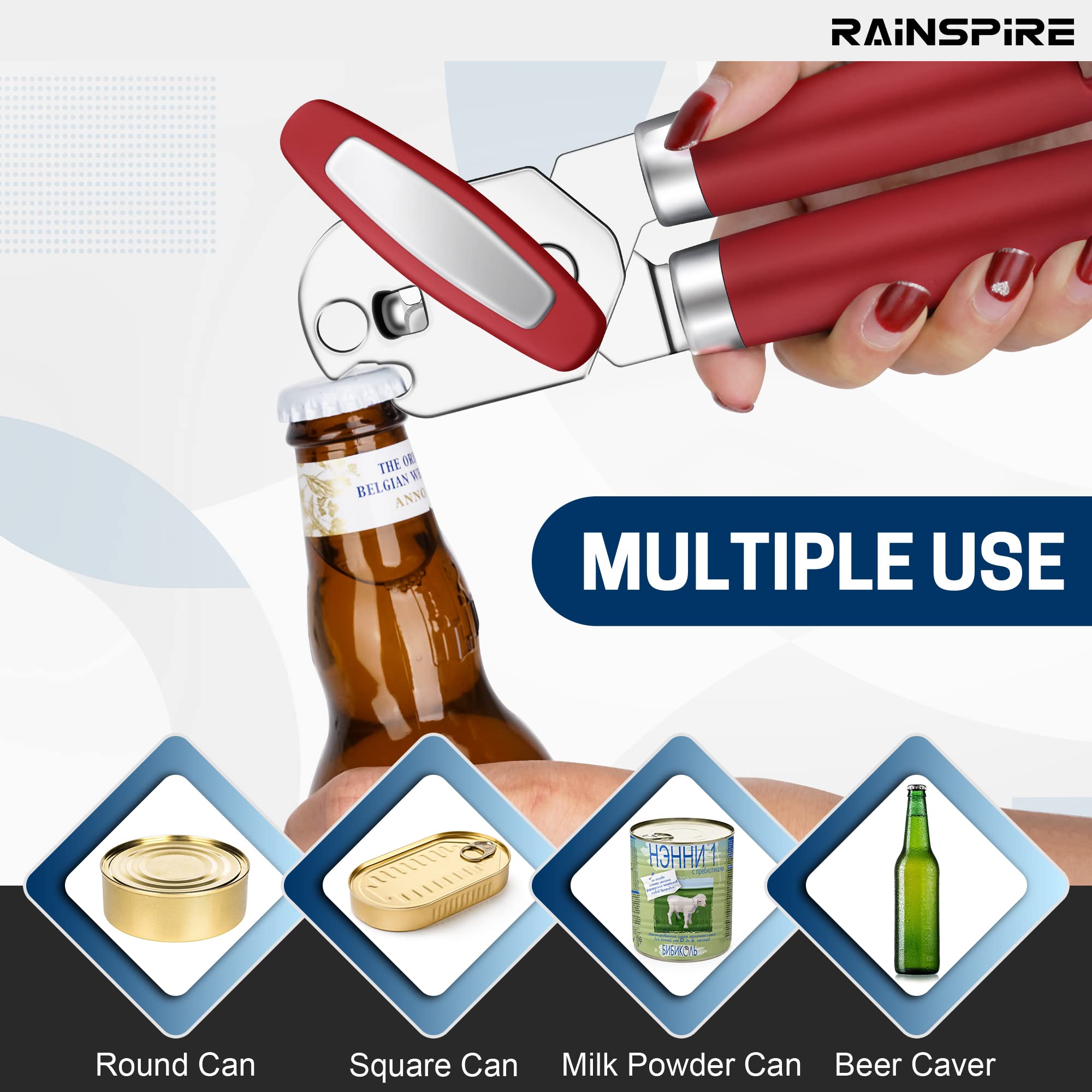 Rainspire Abrelatas manual de mano fuerte abrelatas manual de corte de borde suave, abrelatas resistente, mango suave cómodo, abridor de botellas integrado, rojo