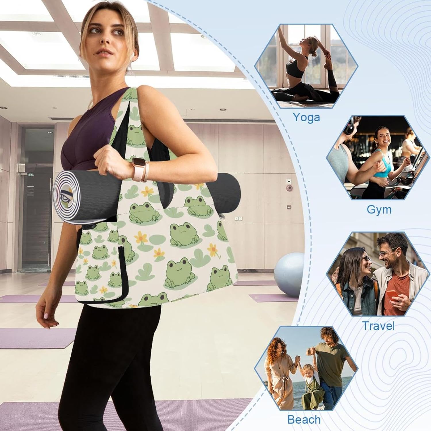 Yoga Mat Bag, Gym Workout Bag with Shoe Compartment, French Bulldogs Pilates Bag for Women, Quick Access Storage Yoga Tote Bag for Sports Travel Office