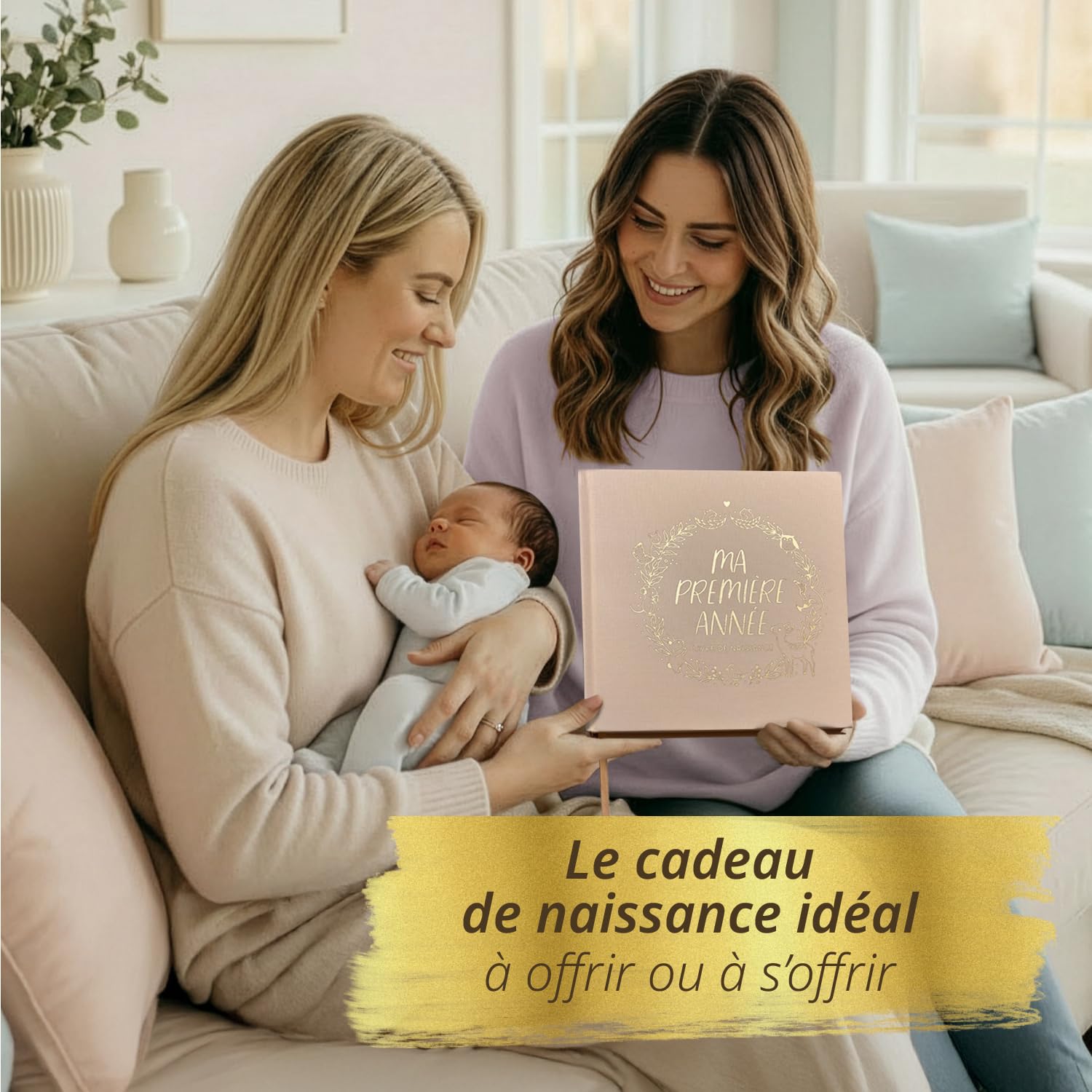 Livre de naissance I Ma première année + set d’autocollants I Album photo bébé PREMIUM avec lettrage or I 176 pages I Cadeau de naissance pour fille et garçon I Cadeau spécial bébé (Lin)