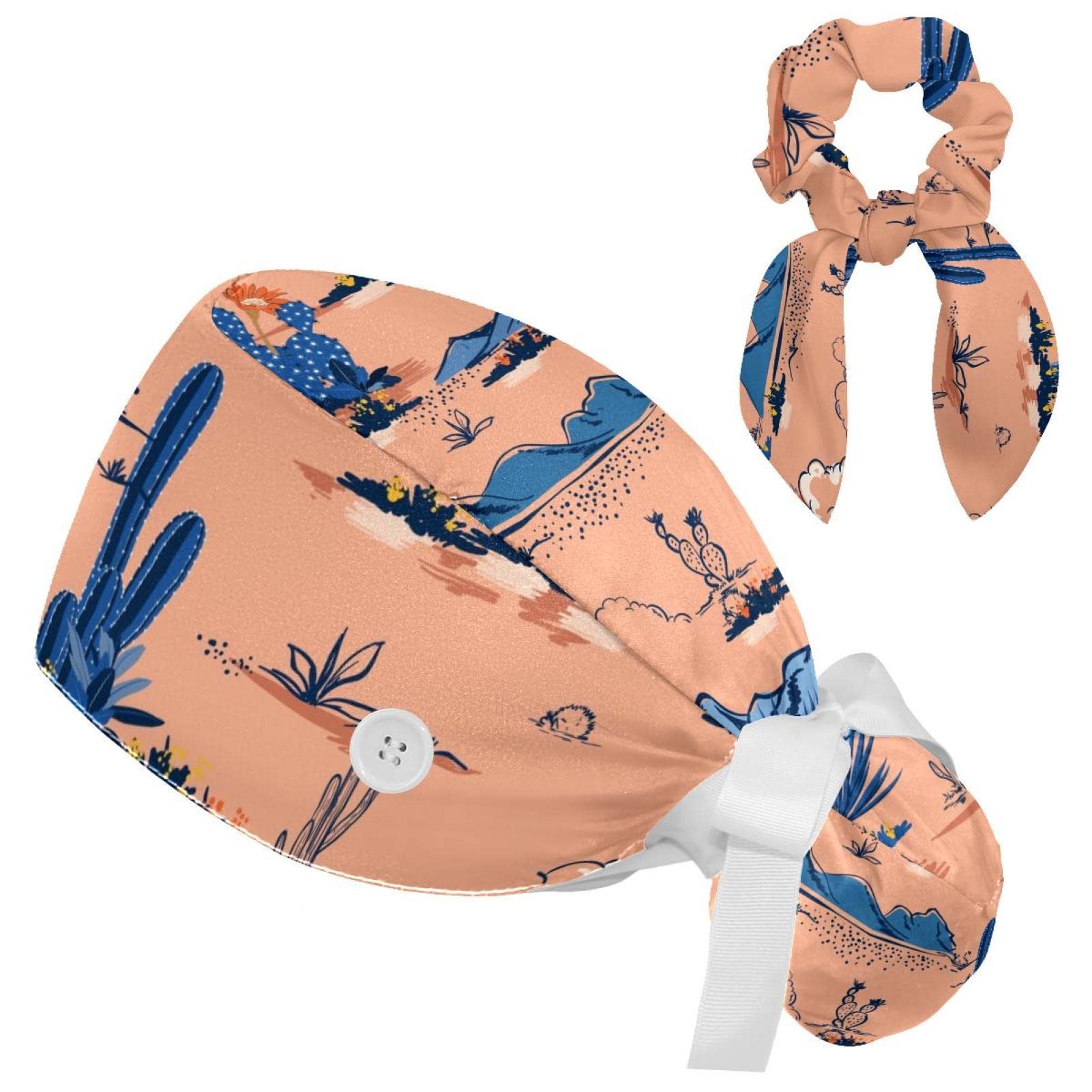 Work Cap Bouffant Surgical Hats with Hair Ties Cactus Mountain Cloud Sun Paint Landscape Ponytail Holder Tie Back Scrub Hat