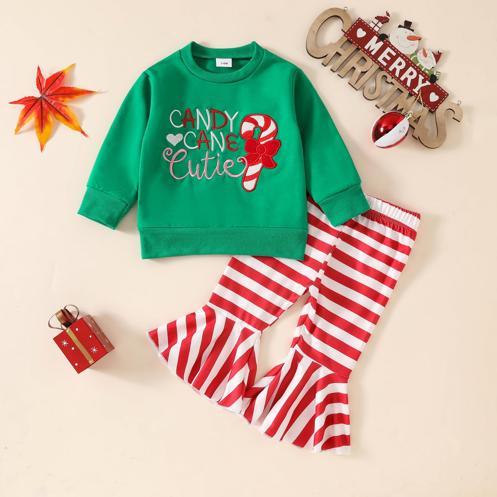 FIOMVA Toddler Baby Girl Christmas Outfits Infant Candy Cane Sweatshirt Bell Bottoms Set Flare Pants Fall Winter Clothes (A Candy Cane Green, 2-3T)