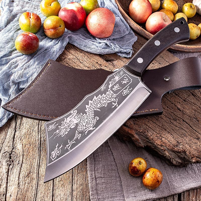 MAYIT Meat Cleaver Knife, 8 Inch Sharp Butcher Knife High Carbon Stainless Steel Dragon Pattern Cleaver Kitchen Chef's Knife Meat Cleaver With Sheath, MAYiT5475