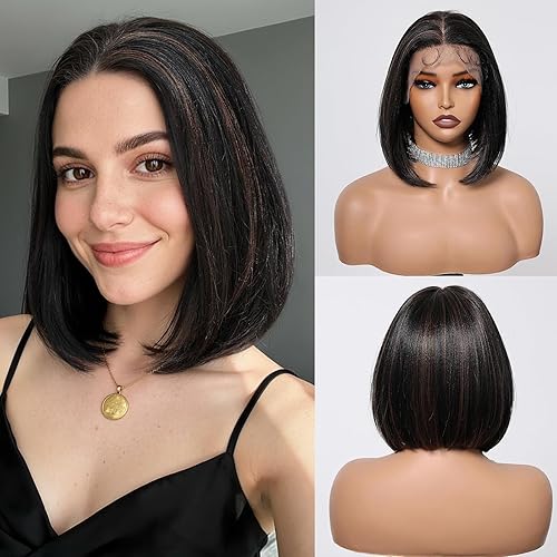 Allbell Pelucas Bob para mujer, peluca corta Bob con flequillo negro con reflejos marrones cabello natural
