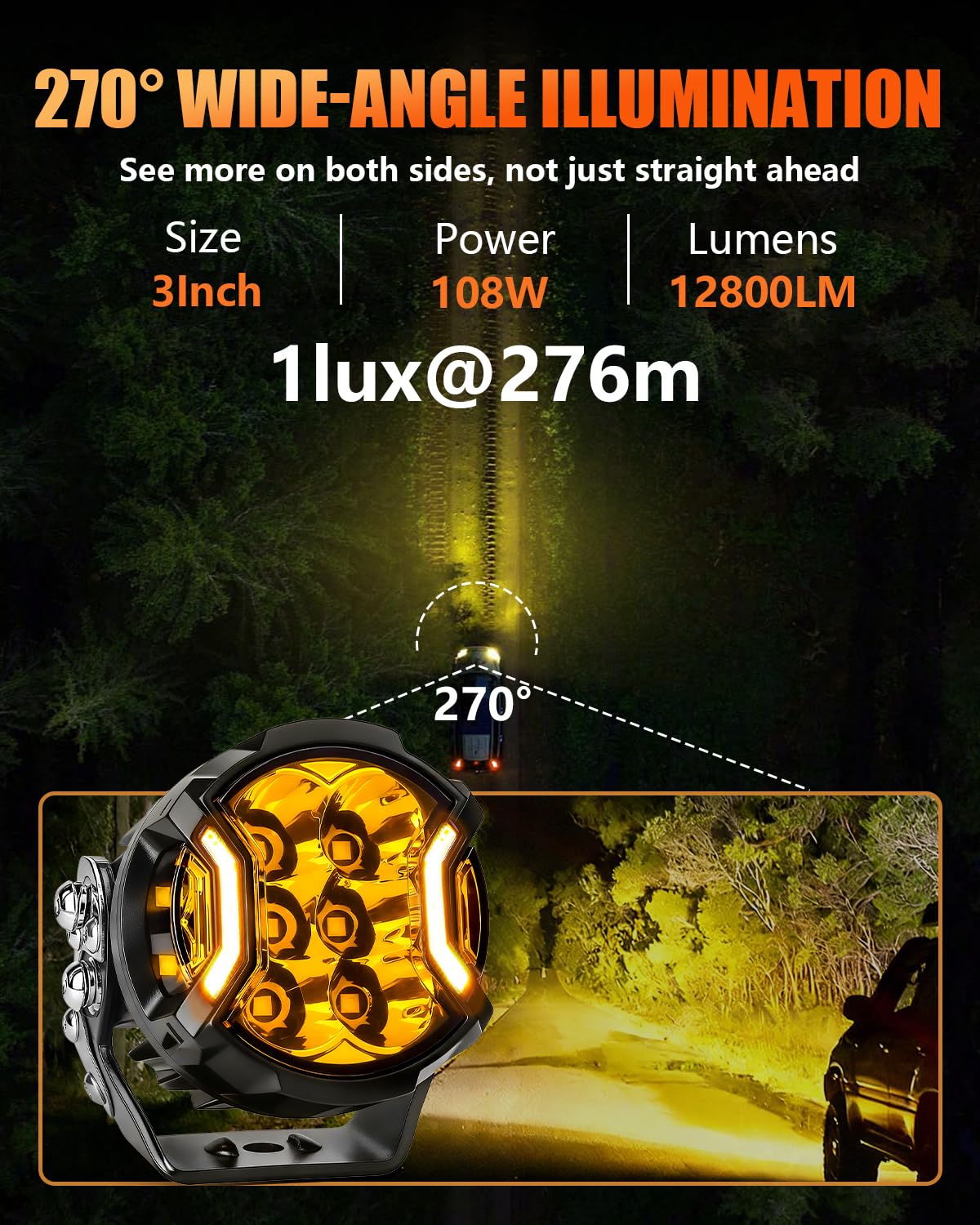 Chelhead 3 Zoll LED Arbeitsscheinwerfer gelb mit DRL,IP68 Wasserdicht | 108W LED Spotlicht mit gelbem DRL, IP68 geschützt und geeignet für 12V-24V LKW, Pickup, SUV und Offroad-Fahrzeuge