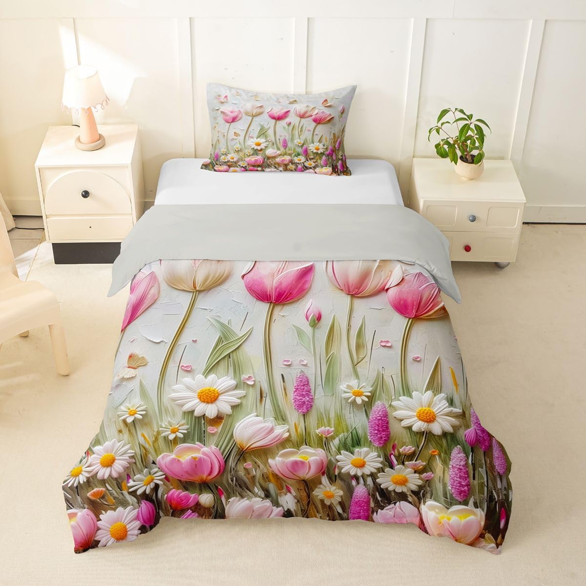 jejeloiu Botanical Flowers Patterns Duvet Cover Toddler Size Floral Print Bedding Set Breathable Soft Cottagecore Aesthetic Flower Comforter Cover 2Pcs Bedroom Decor No Comforter