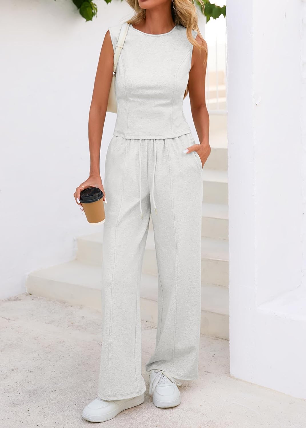 Lazysmile 2 Piece Sets for Women Summer Outfits Lounge Sets Sleeveless Tops Wide Legs Long Pants Tracksuits - Image 3