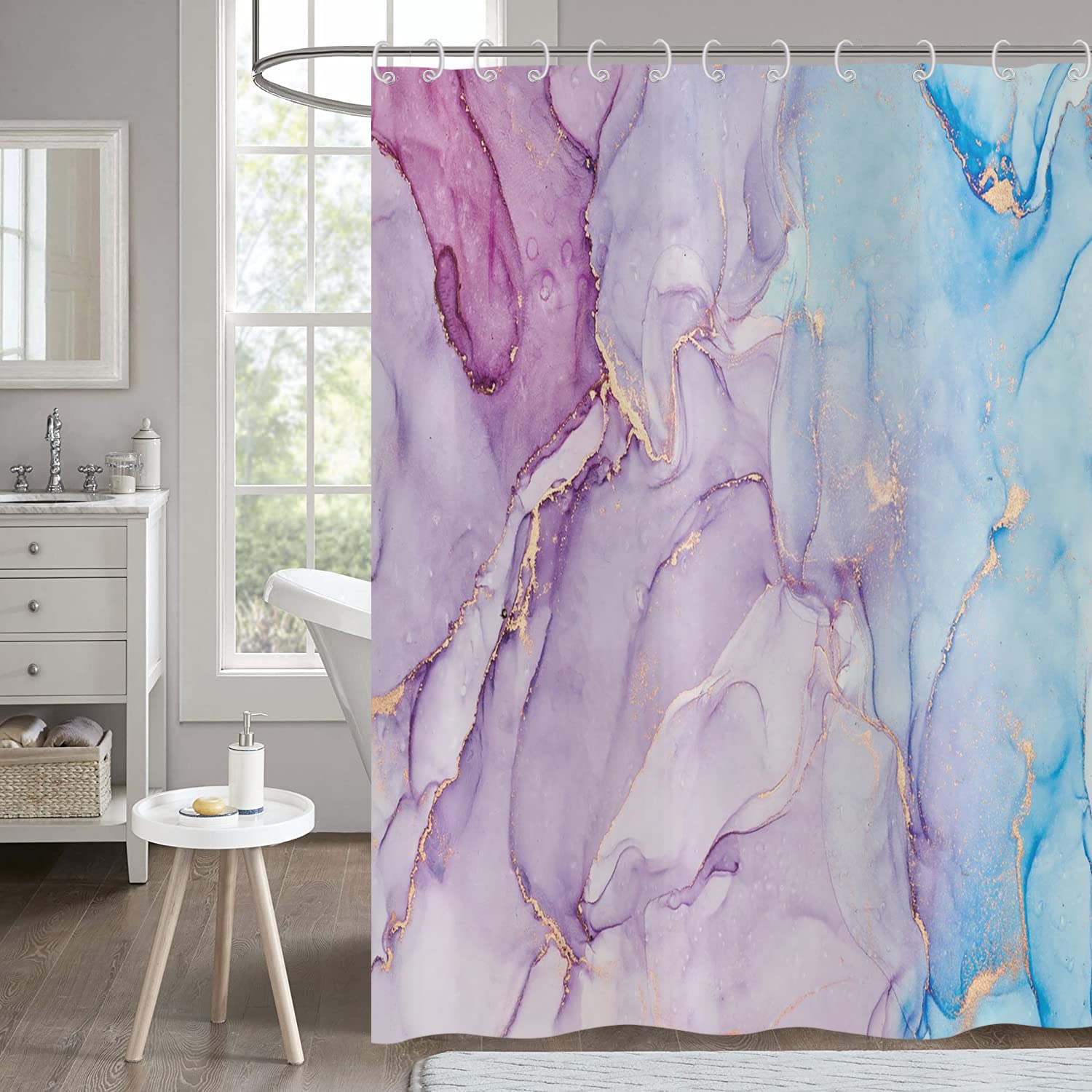 Purple Marble Shower Curtain 180x200, Hnmdmyi Blue Gold Glitter Shower Curtains Abstract Modern Luxury Watercolor Ink Art Bathroom Curtains Waterproof Polyester Fabric Washable Bath Curtain with Hooks