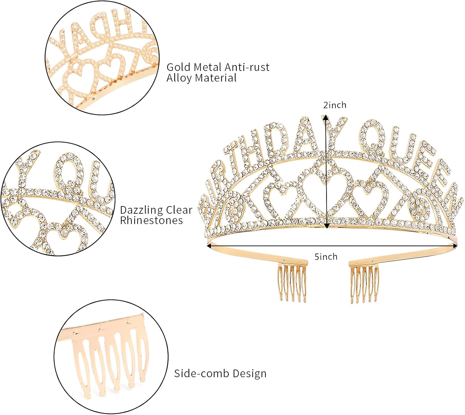 CIEHER Birthday Crown & Tiara Kit for Women & Girls - Queen & Princess Crowns with Combs & Sash, Gold Rhinestone Tiara, Sweet Birthday Party Decorations - Image 3