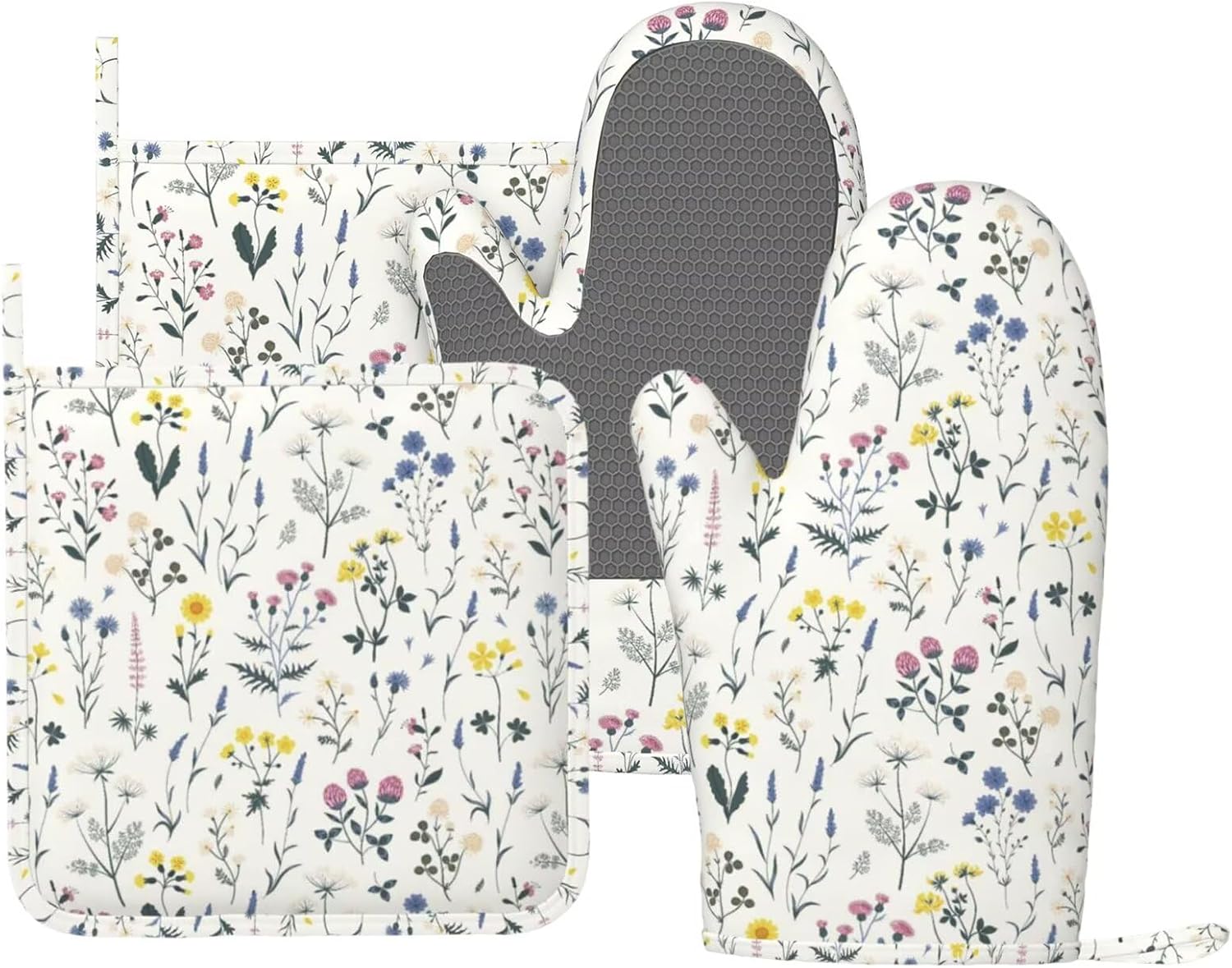 Meadow Wildflower Silicone Oven Mitts and Pot Holders Sets Boho Botanical Kitchen Mitts Floral and Herb Potholder Kitchen Accessories for Cooking Baking BBQ