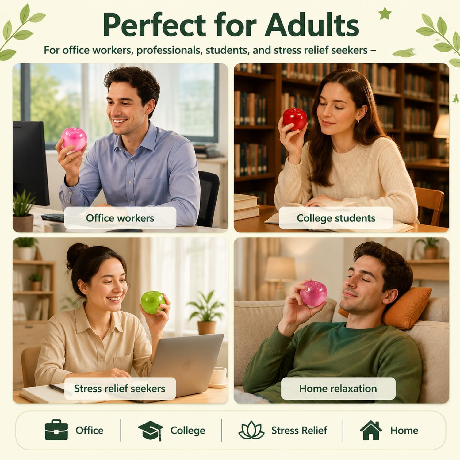 Slushy Apple Squishy, Clear Squishys Apple Stress Ball, Soft Slow Slush Ball Squishy,Stress Relief Toyfor Adult use in Offices and Homes（Green）
