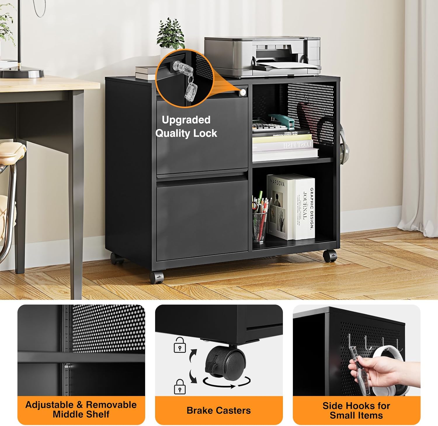 Storage Filing Cabinets Office Drawers Rolling File Cabinet Printer Stand Lateral Mobile Under Desk Organizer Lateral Filing Cabinet with Wheels Adjustable Shelves Printer Table for Home Office Black
