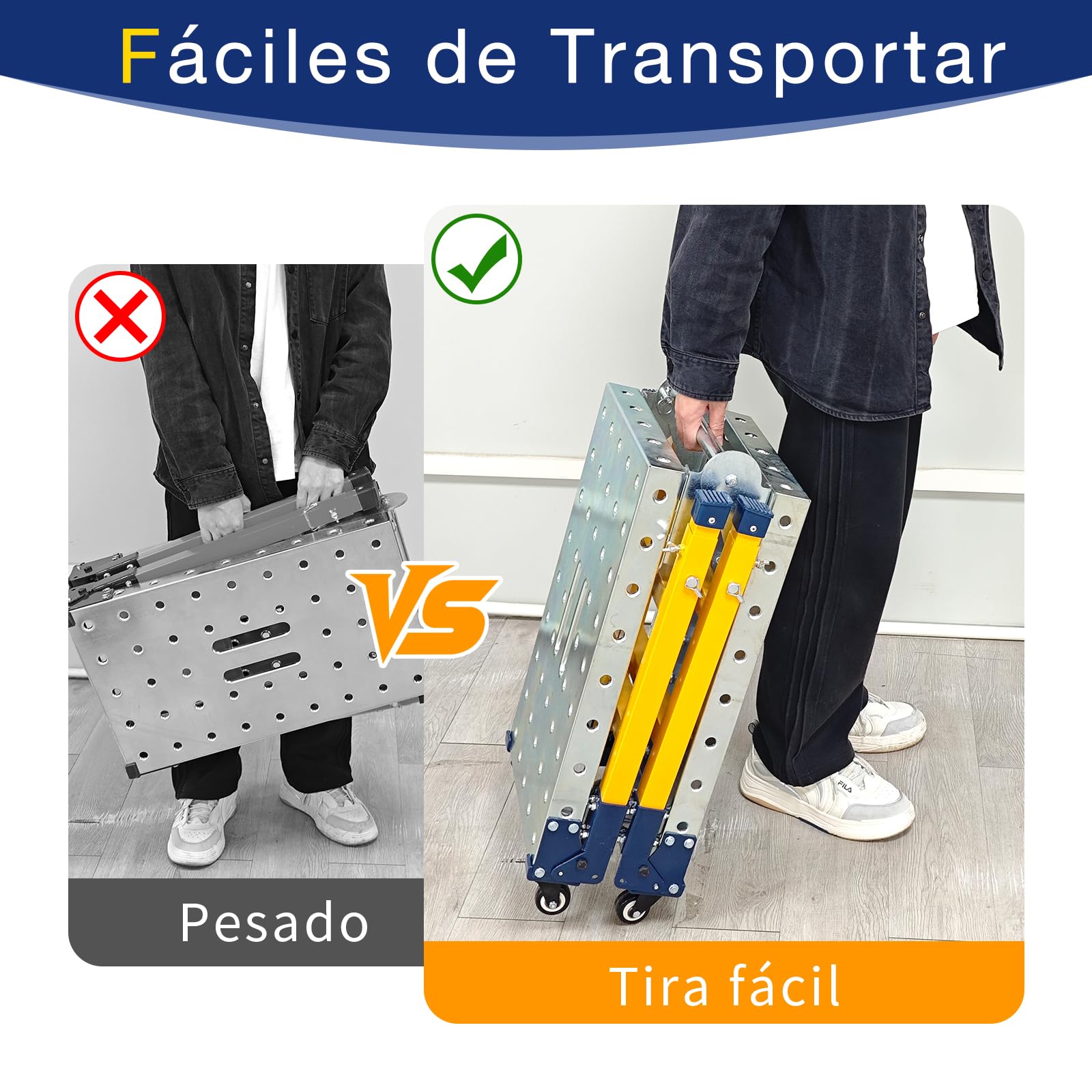 VKE Plataforma de Trabajo 120 × 36 × 90 CM de Chapa Galvanizada, 500 KG de Capacidad de Carga, Andamio Portátil, Escalera Andamio Plegable con 4 Ruedas Universales, Regulable en Altura