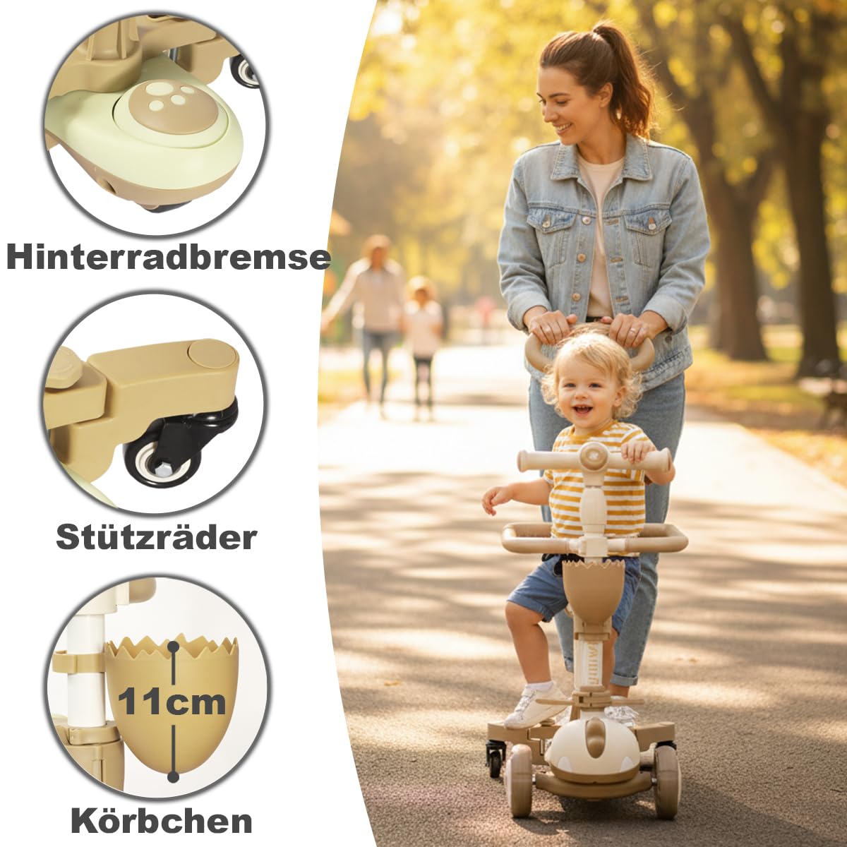 Twinly Dinly Kinderroller 3 in 1 mit Sitz, Helm & LED-Rädern, Weiß | Klappbar, Elternlenkstange, Bis 30 kg