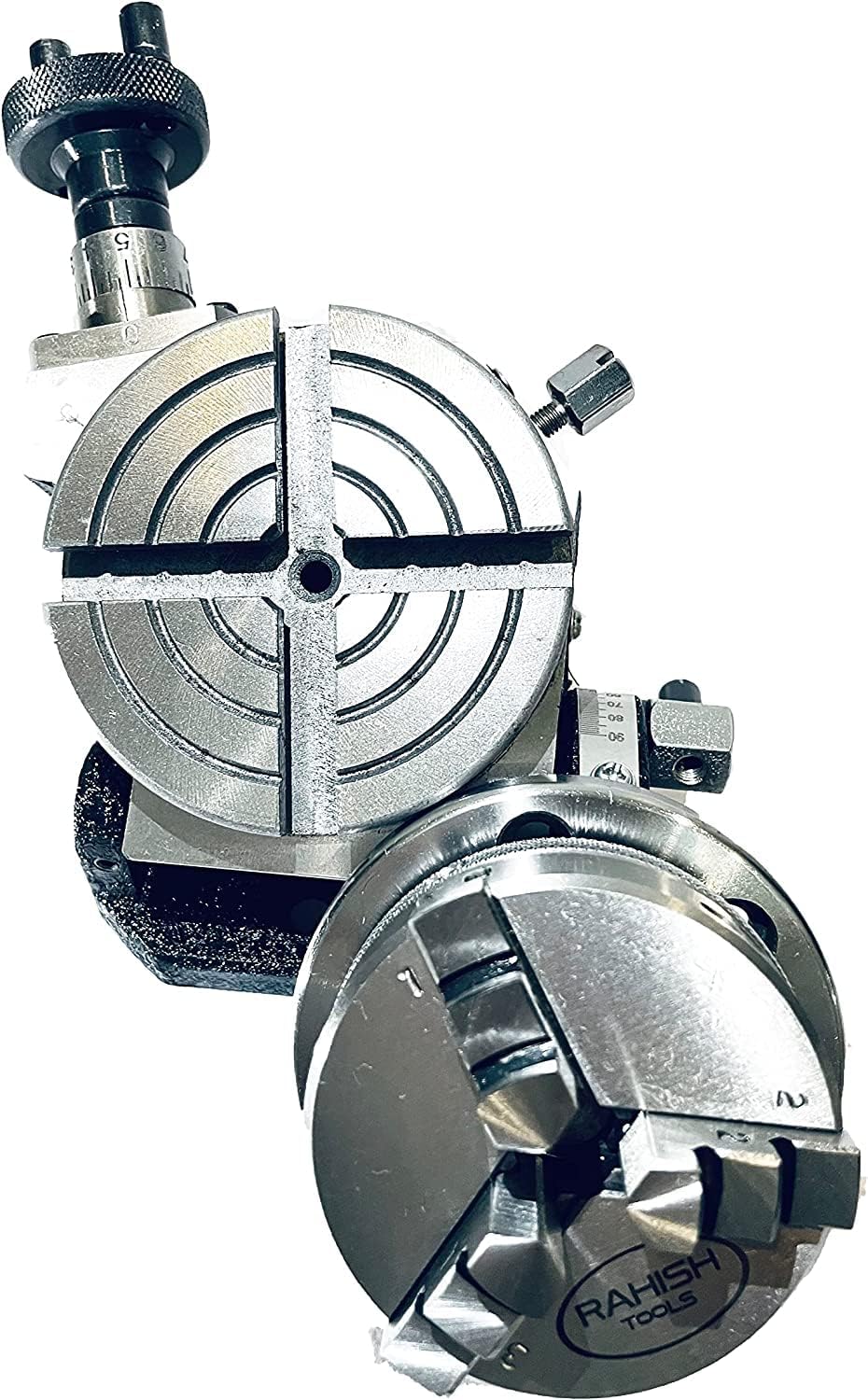3" inches (75mm) 4 slots Tilting Rotary Table with 65mm 3 Jaws Self Centering Chuck with Back Plate and T-nuts for Milling Engineering Tools