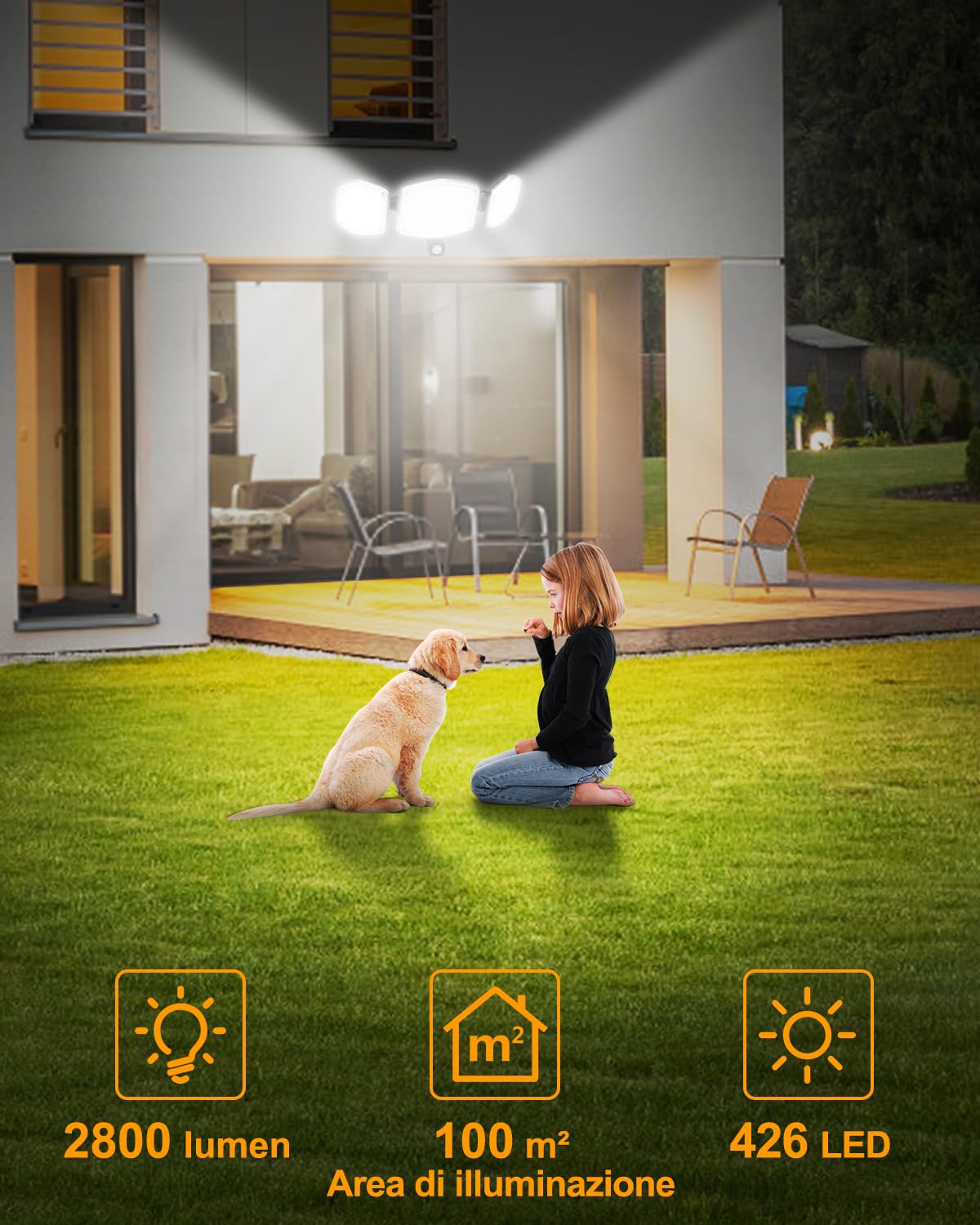 Lepwings Faretto Led da Esterno Solare con Cavo 5m, 426LED 2800LM Luci Solari con Sensore Movimento, 4400mAh Lampada Solare, 3 Modalità, IP65 Impermeabile, Adatto per Giardini, Garage, Vialetti