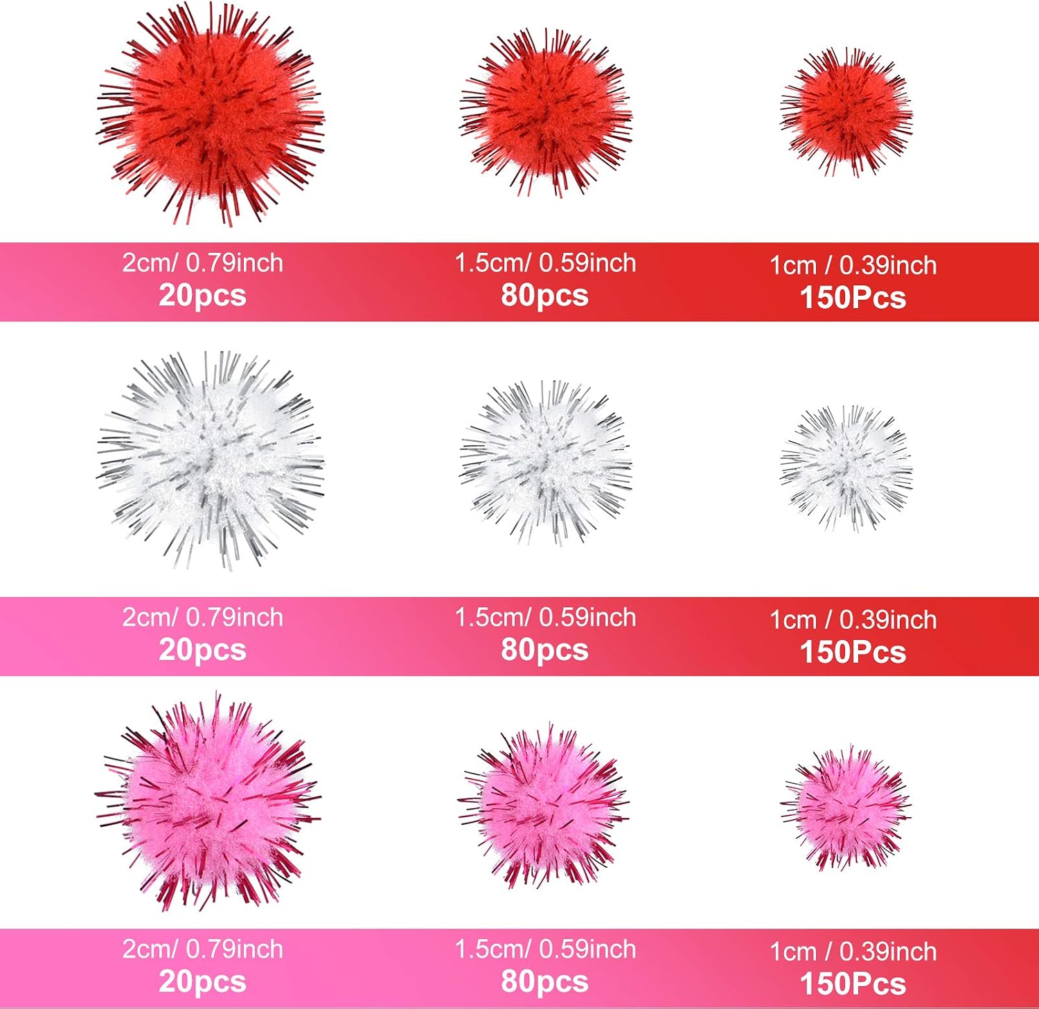 MIAHART 750 Pcs Valentines Crafts Pom Poms Glitter Fluffy Pom Poms for DIY Craft Making Valentine's Day Party Decorations, 3 Sizes 3 Colors