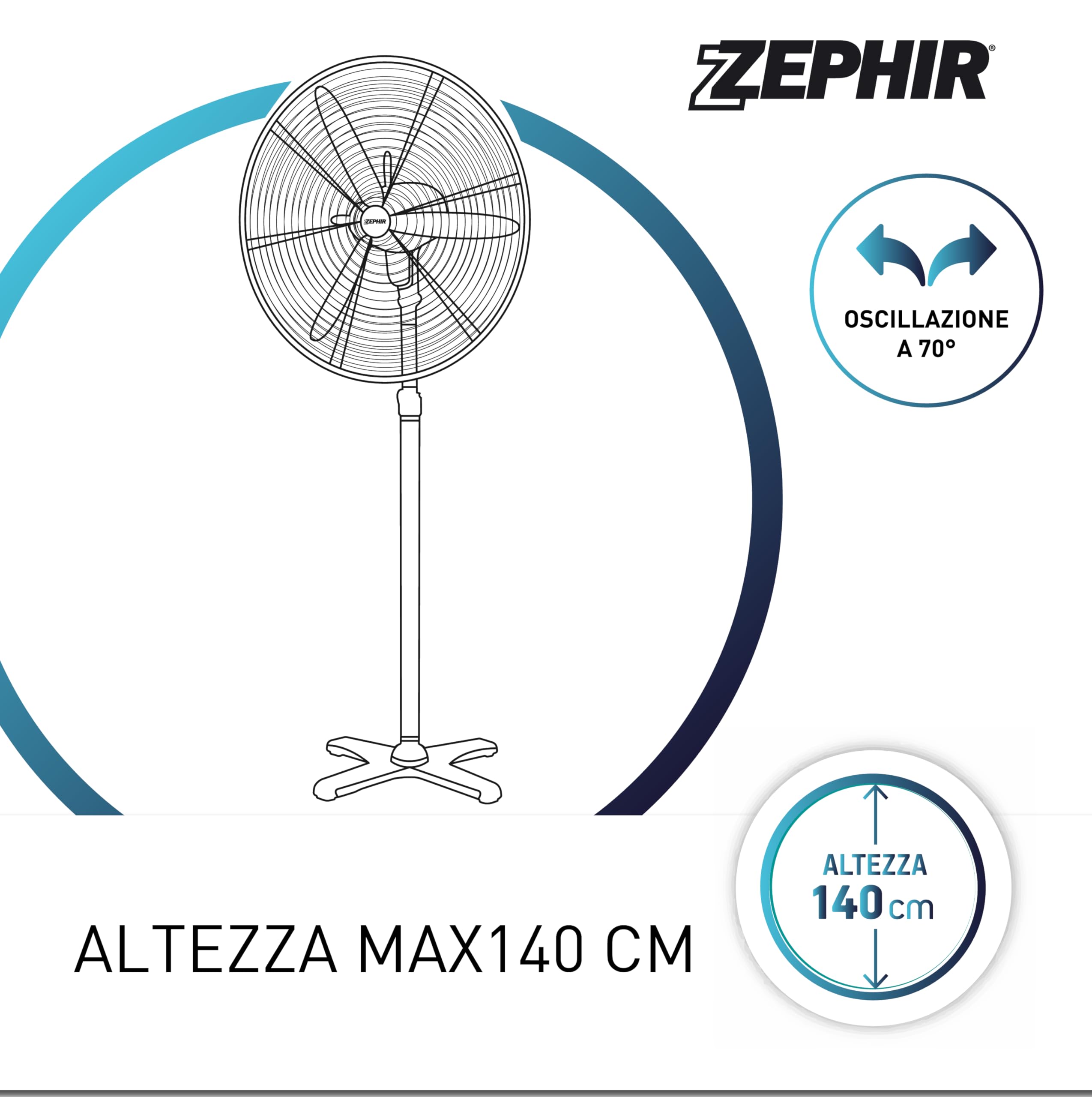 Zephir, Ventilatore Industriale a piantana, Diametro 65cm, 3 velocità, 3 Pale in Alluminio, Oscillazione a 70°, Dispositivo antisurriscaldamento, Altezza max.150cm, Potenza 120W