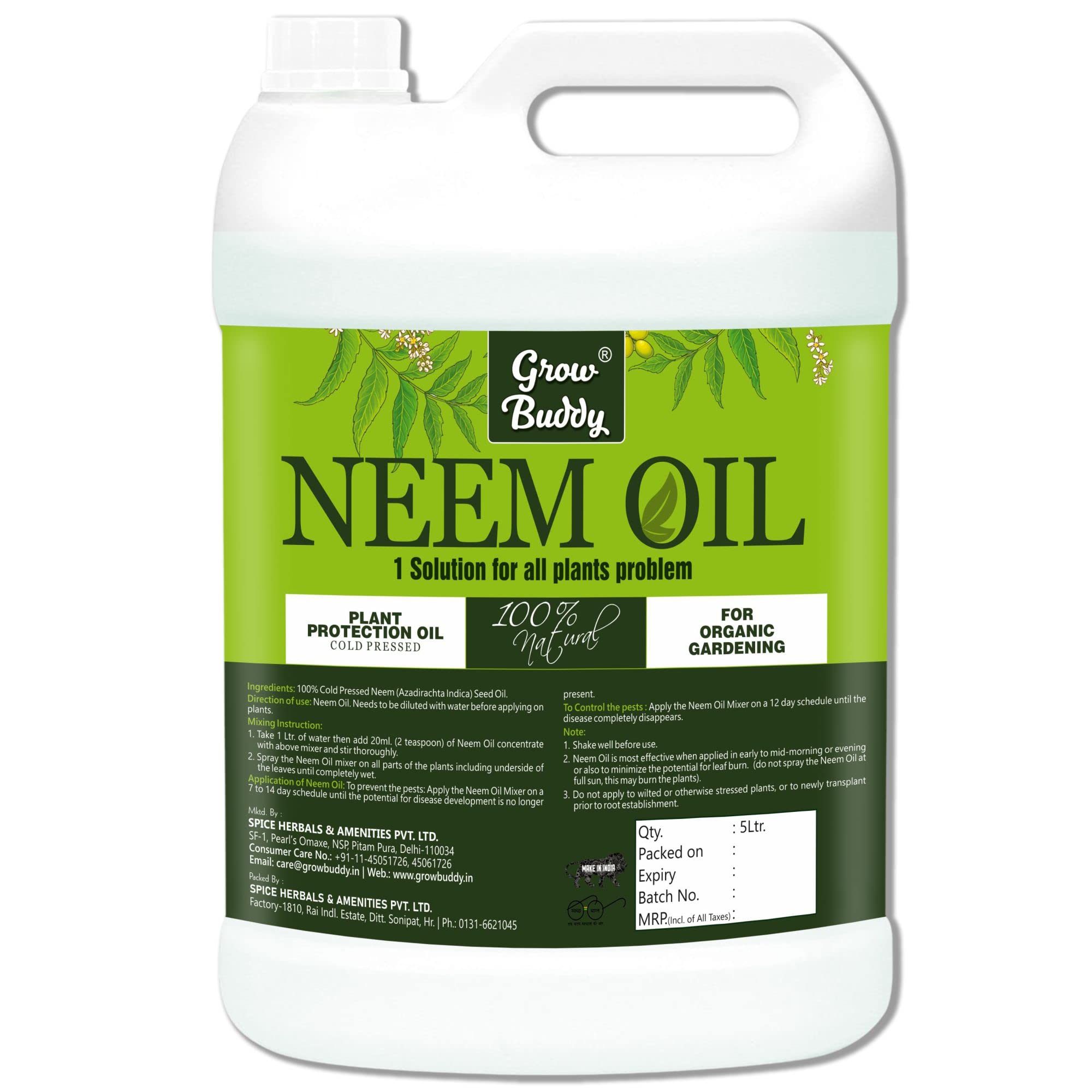 GROWBUDDY Cold Pressed Pure Neem Oil (5 Litre) - Water Soluble Oil for Spray on Plants, Organic Farming and Gardening