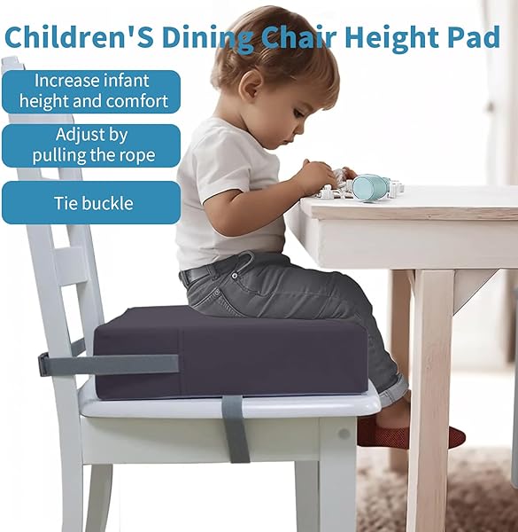 Alzador de Asiento para Niños 8cm, con 2 Correas de Seguridad Antideslizantes, Funda Lavable Extraíble y Portátil de Espuma de Alta Densidad, para Comer, Tocar el Piano, Viajar (Gris) - 4