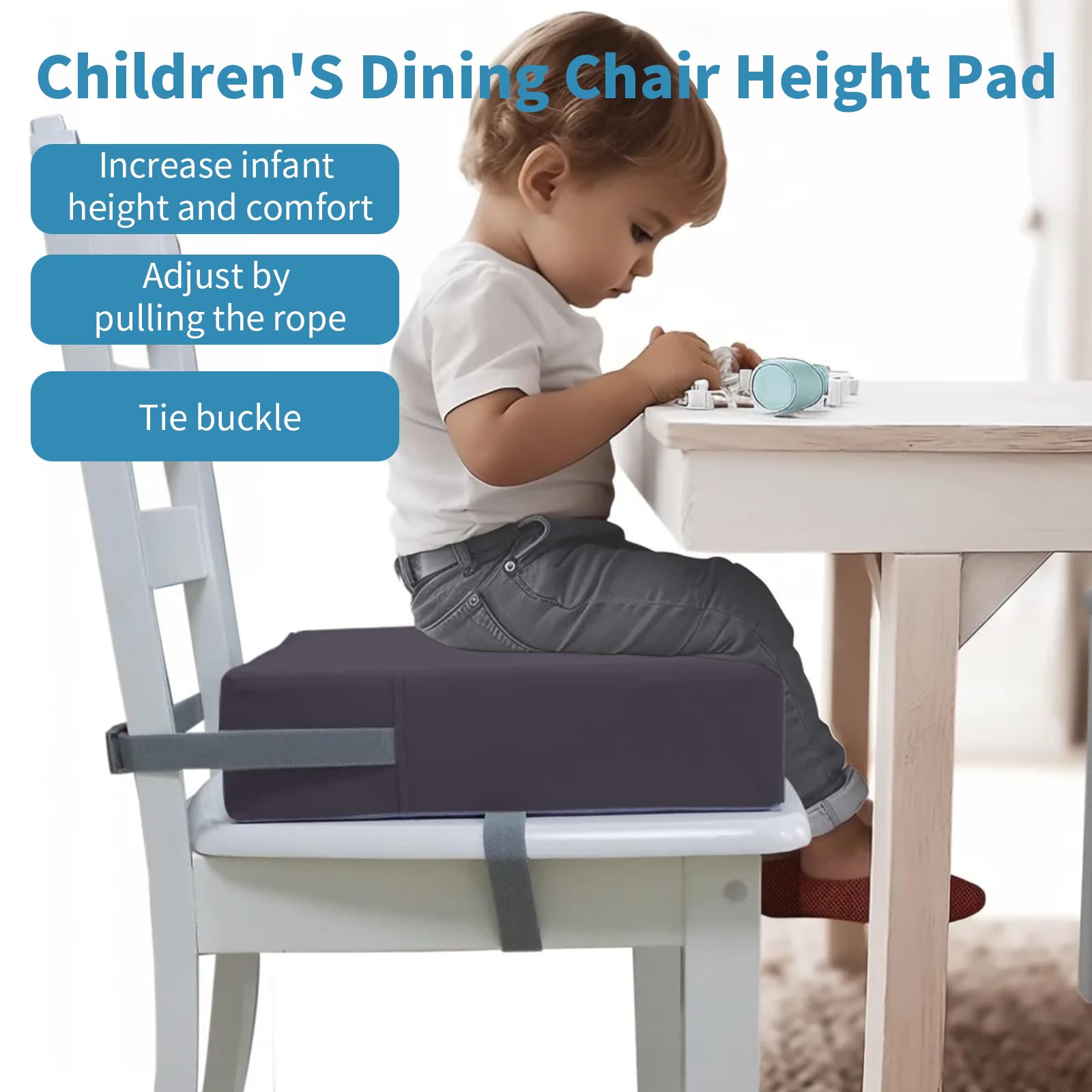 Alzador de Asiento para Niños 8cm, con 2 Correas de Seguridad Antideslizantes, Funda Lavable Extraíble y Portátil de Espuma de Alta Densidad, para Comer, Tocar el Piano, Viajar (Gris) - 5
