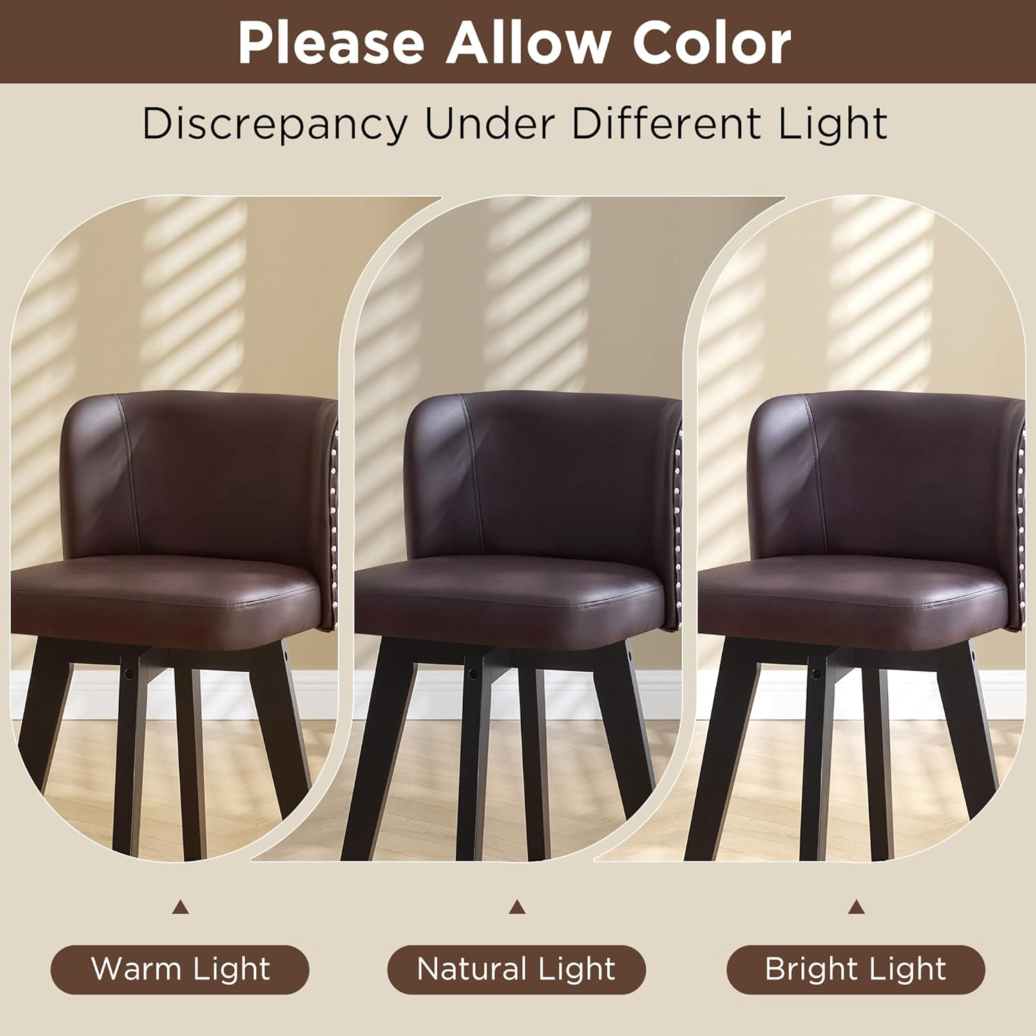 Dorlicecass Brown Bar Stools- 360 Swivel Bar Stools with Back Faux Leather Button-Tufted Backrest Solid Wood Legs 27.5" H Seat Set of 1