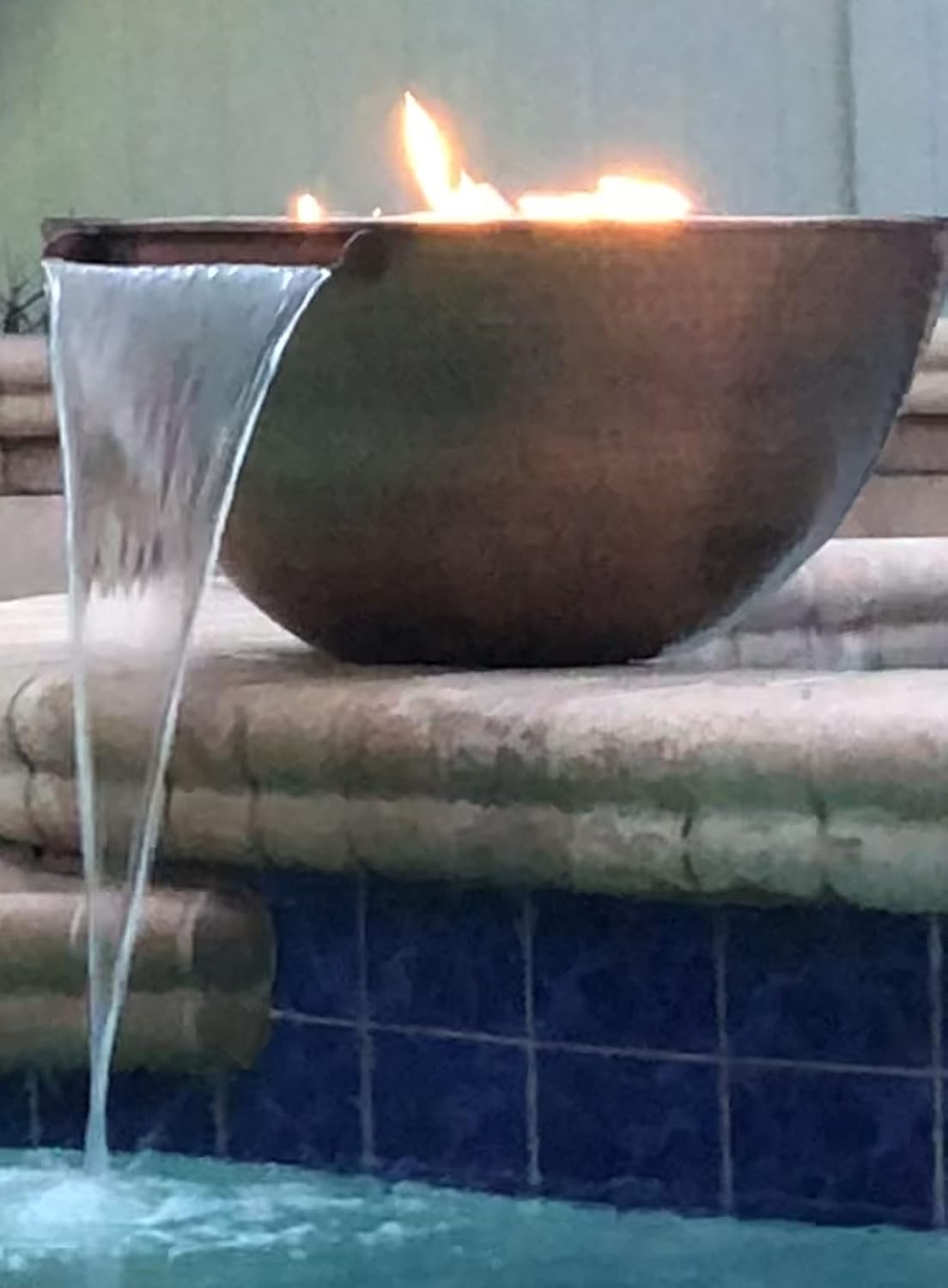 26 Inch Hammered Copper Water Bowl Fountain Round Propane or Natural Gas Fire Pit with 12 inch Diameter Burner Ring 92,000 BTU