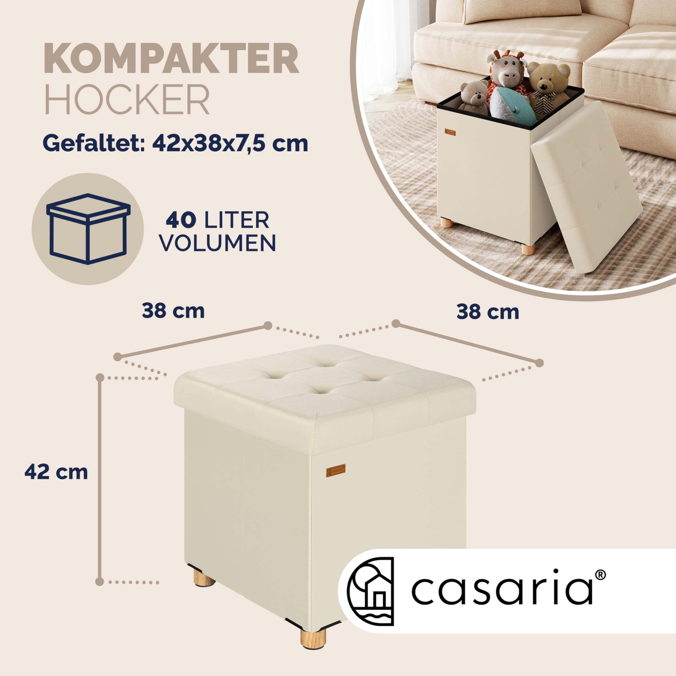 Casaria® Hocker mit Stauraum Samt Beige Faltbar inkl. Füßen 38x38cm 300kg Belastbarkeit Wohnzimmer Schlafzimmer Flur Sitzhocker Fußhocker Polsterhocker