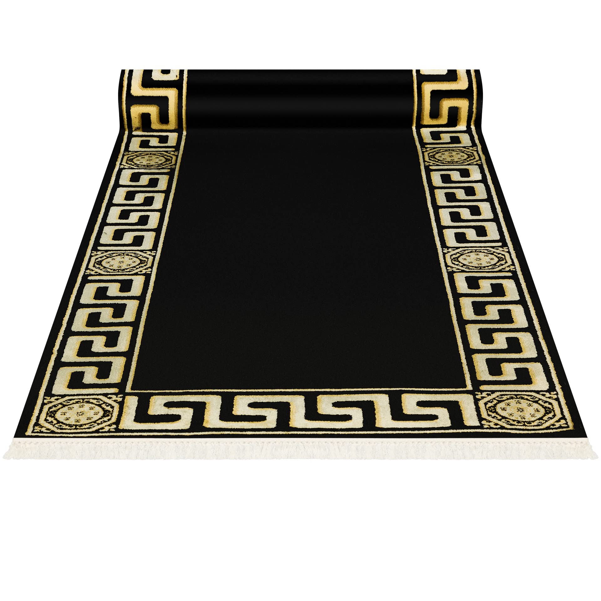 Premium Flur Teppich Läufer Teppichläufer Flur Schlafzimmer Küche Maänder Muster Kurzflor in Schwarz Gold mit Fransen - Mäander Design Antirutsch K-Seidenglanz 100% Viskose Öko Tex - 80x200 cm