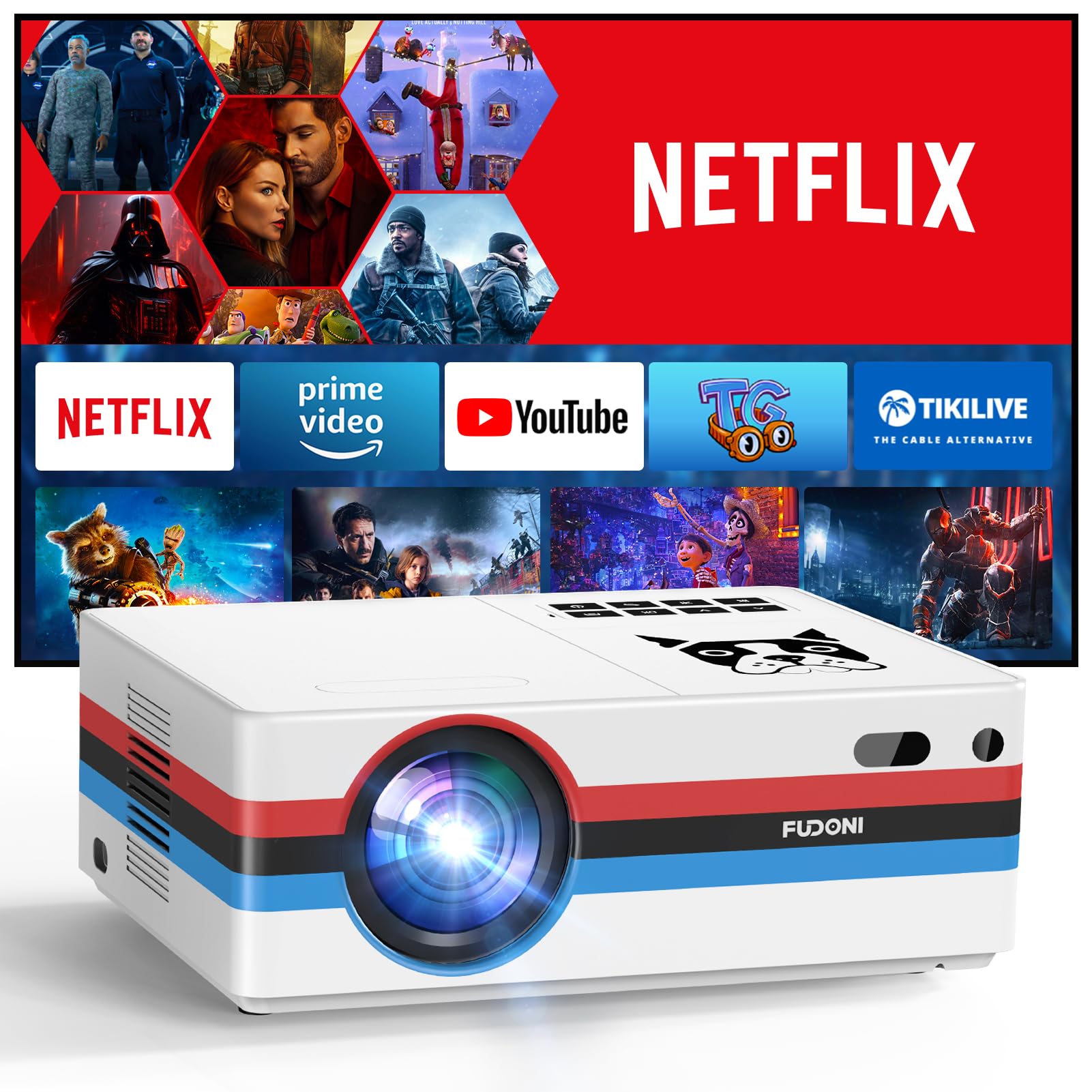 [Netflix Officially/Dolby Audio] FUDONI Smart Projector with WiFi and Bluetooth 4K, Auto Keystone& Electric Focus, 800ANSI Outdoor Projector with Apps, Built-in Netflix/YouTube/Prime Video