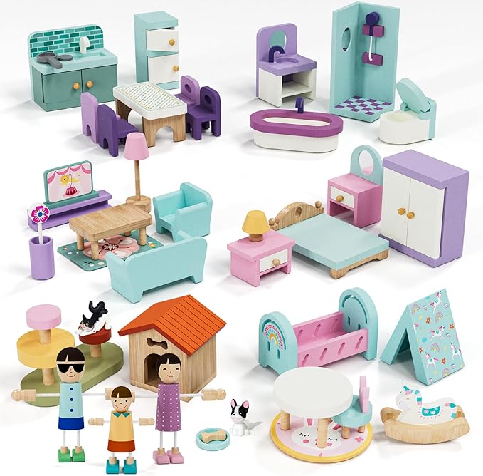 Lehoo Castle Wooden Dollhouse Furniture Set 39 Pcs with 5 Rooms, Family Dolls & Pets, All-Wooden Doll House Accessories and Furniture, Pretend Play Dollhouse Accessories Toy Gift for Kids 3+