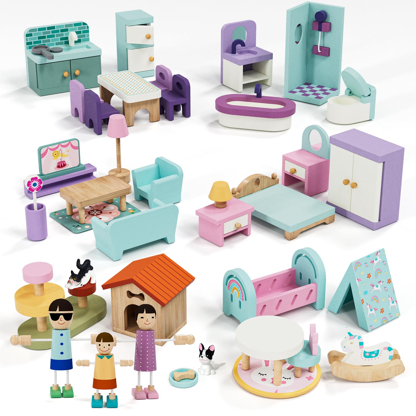 Juego de muebles de casa de muñecas de madera, 39 piezas con 5 habitaciones, muñecas familiares y mascotas, accesorios y muebles de casa de muñecas de madera, accesorios de casa de