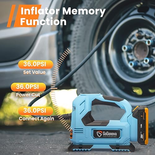 Vista 5 de GoGonova Inflador de neumáticos portátil comprimido de aire inalámbrico, DC12V/batería 20V, bomba de neumáticos de coche 150PSI con medidor