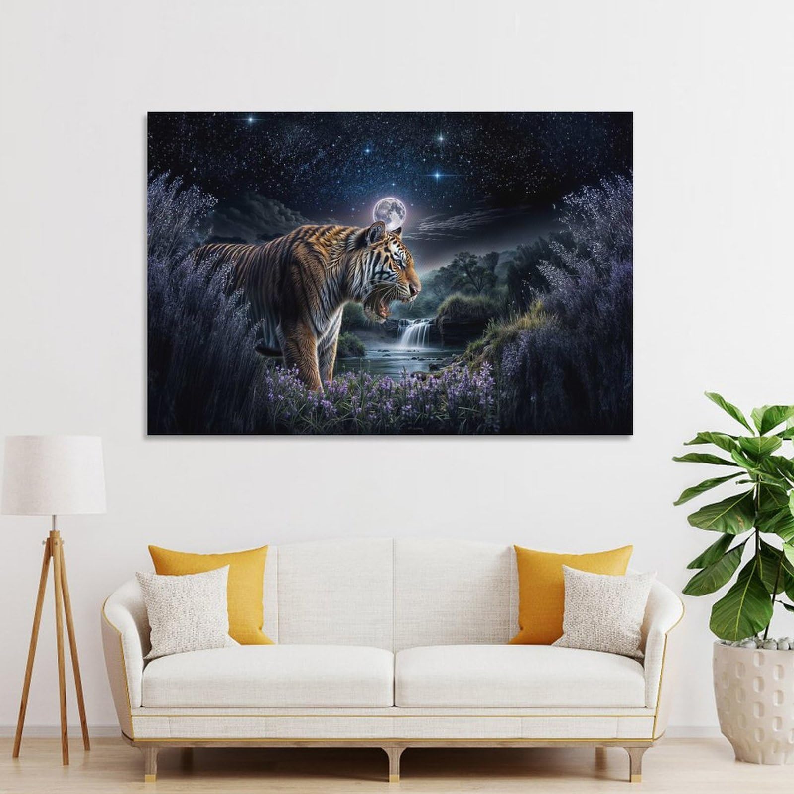 Junmoney Tiger Under Moonlight Decorative Wall Artwork 08x12inch(20x30cm), for Living Room, Bedroom, Office Or Hallway, Decorative Artwork with Broad Appeal