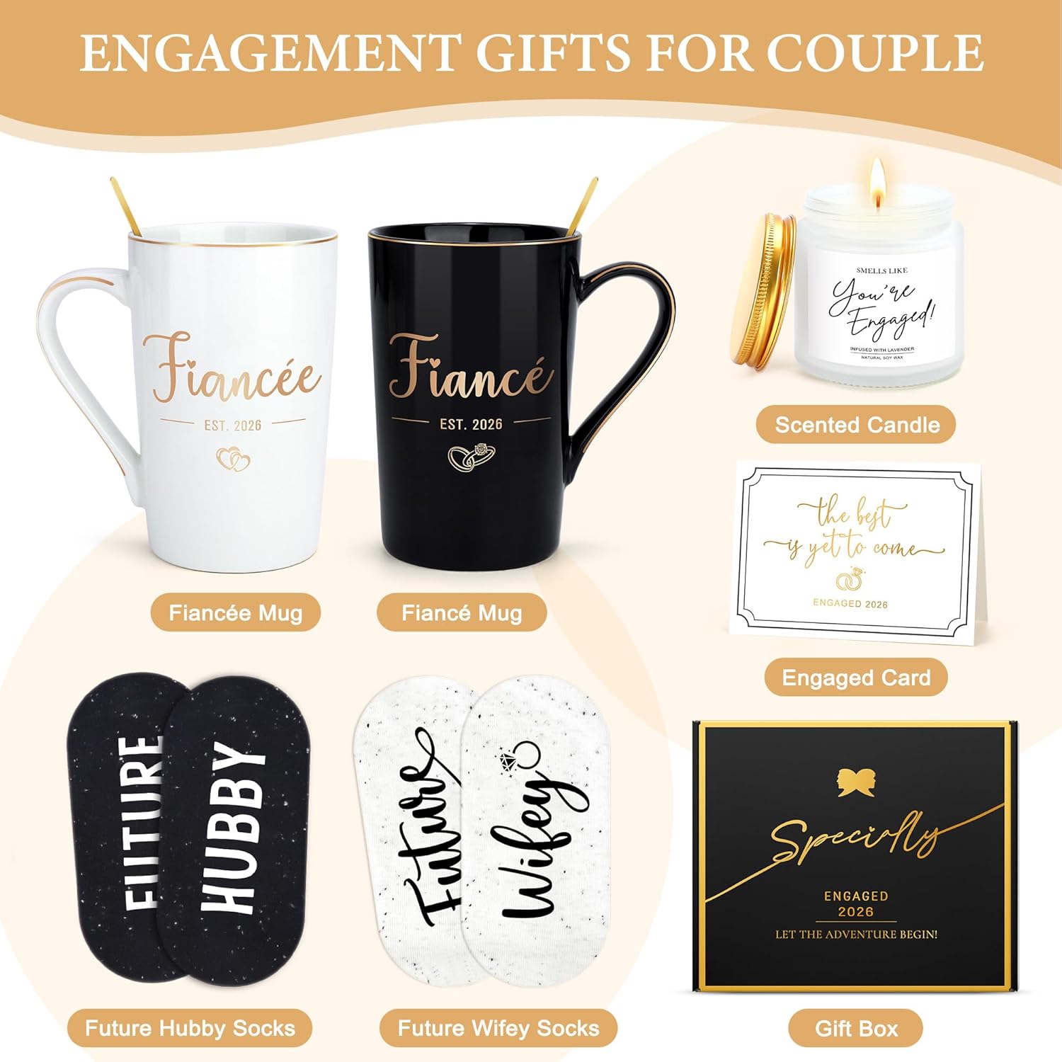 Engagement Gifts for Couples Newly Engaged Gifts for Couple Happy Engagement Gift for Women Fiance Gift for Women Just Engaged Decorations Ideas with Mugs Socks Candle Card for Her Him Men Best Friend - Image 7
